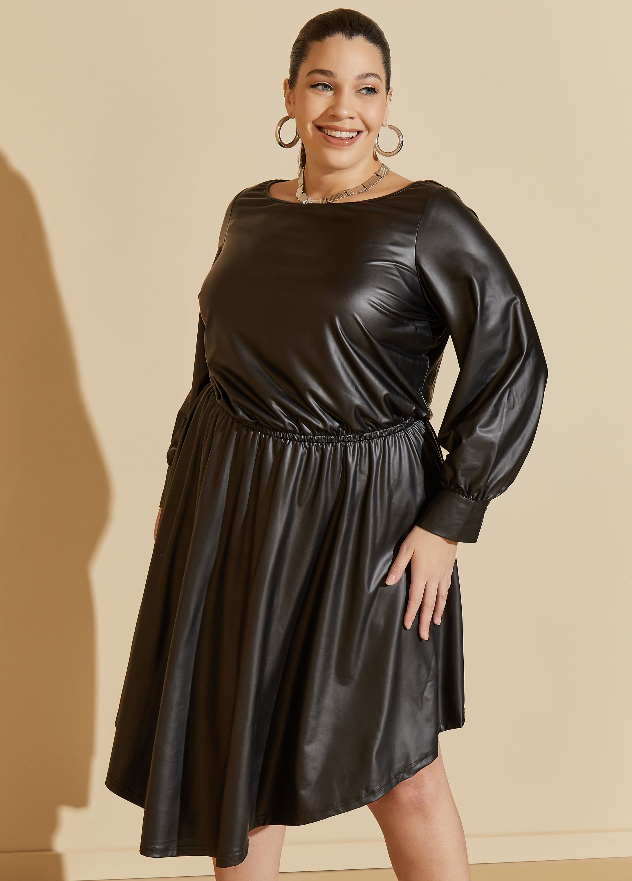 Plus Size Coated Asymmetric A Line Dress, BLACK, 34/36 - Ashley Stewart