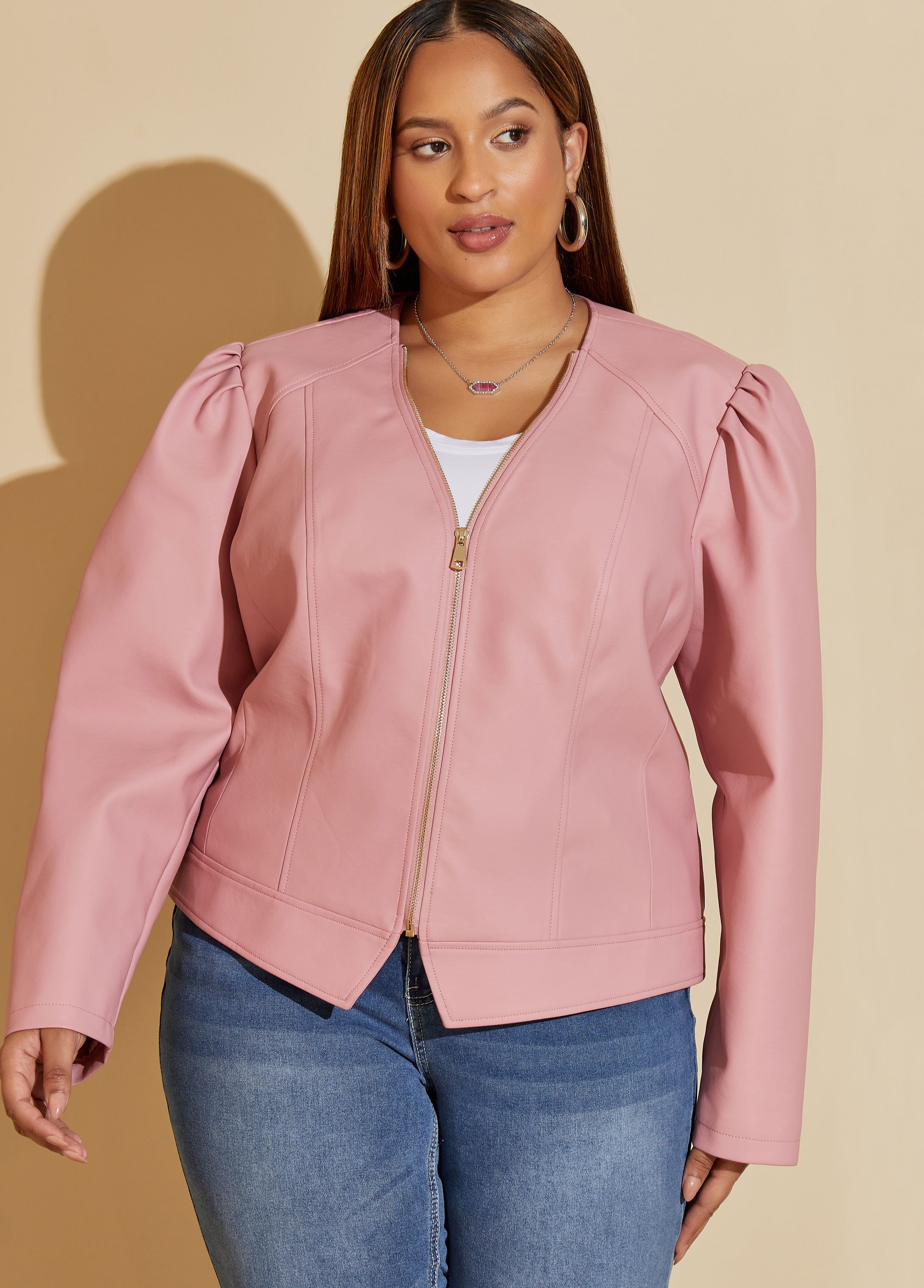 Plus Size Puff Sleeved Faux Leather Jacket