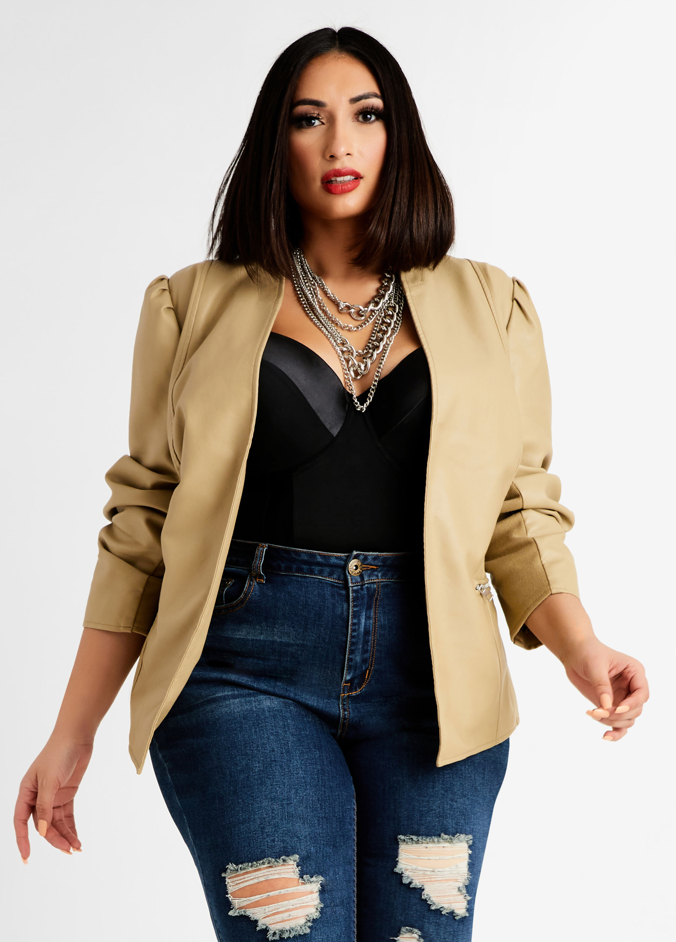 Plus Size Faux Leather Puff Sleeve Ribbed Sleeve Open Front Jacket