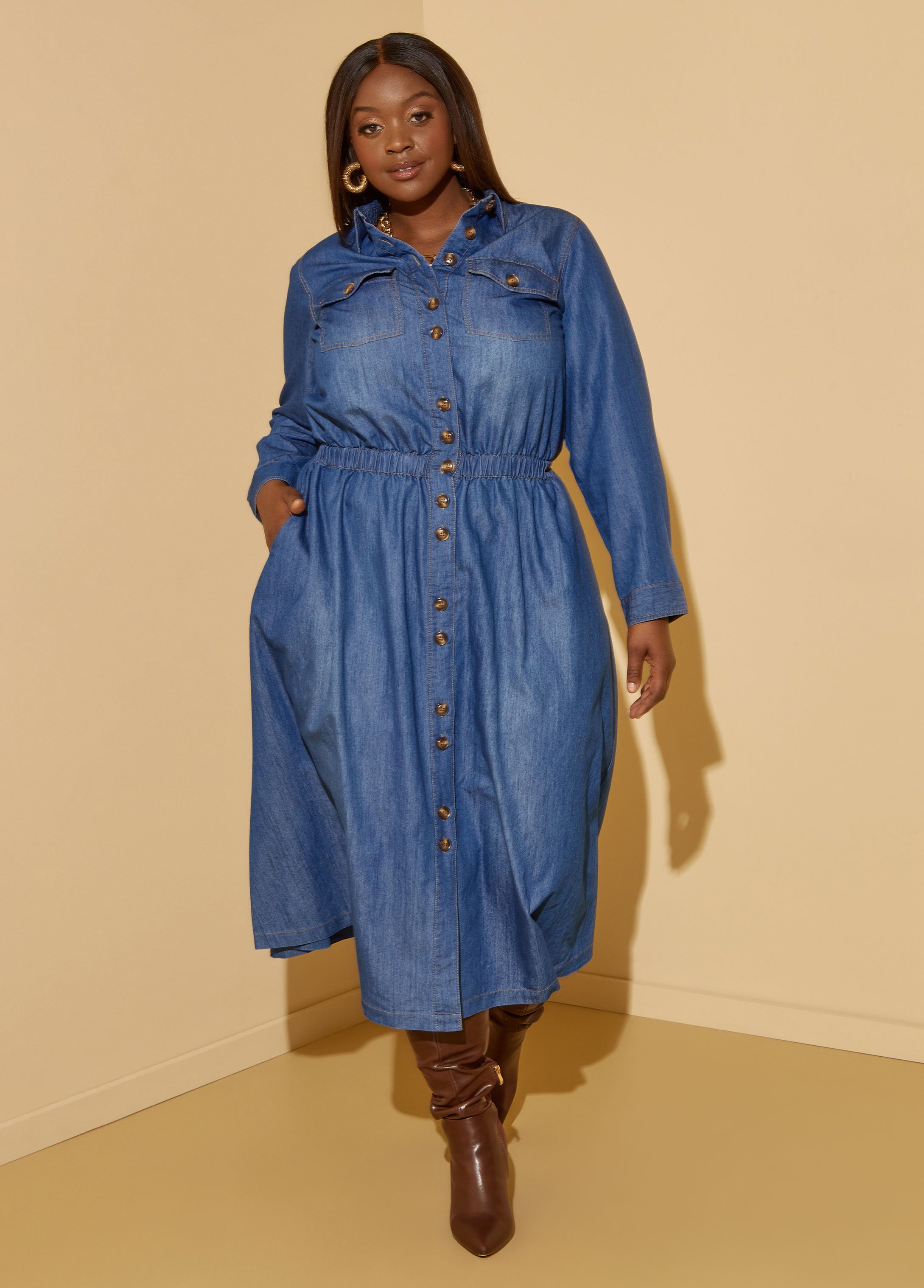 Plus Size Denim A Line Maxi Shirtdress, BLUE, 22/24 - Ashley Stewart