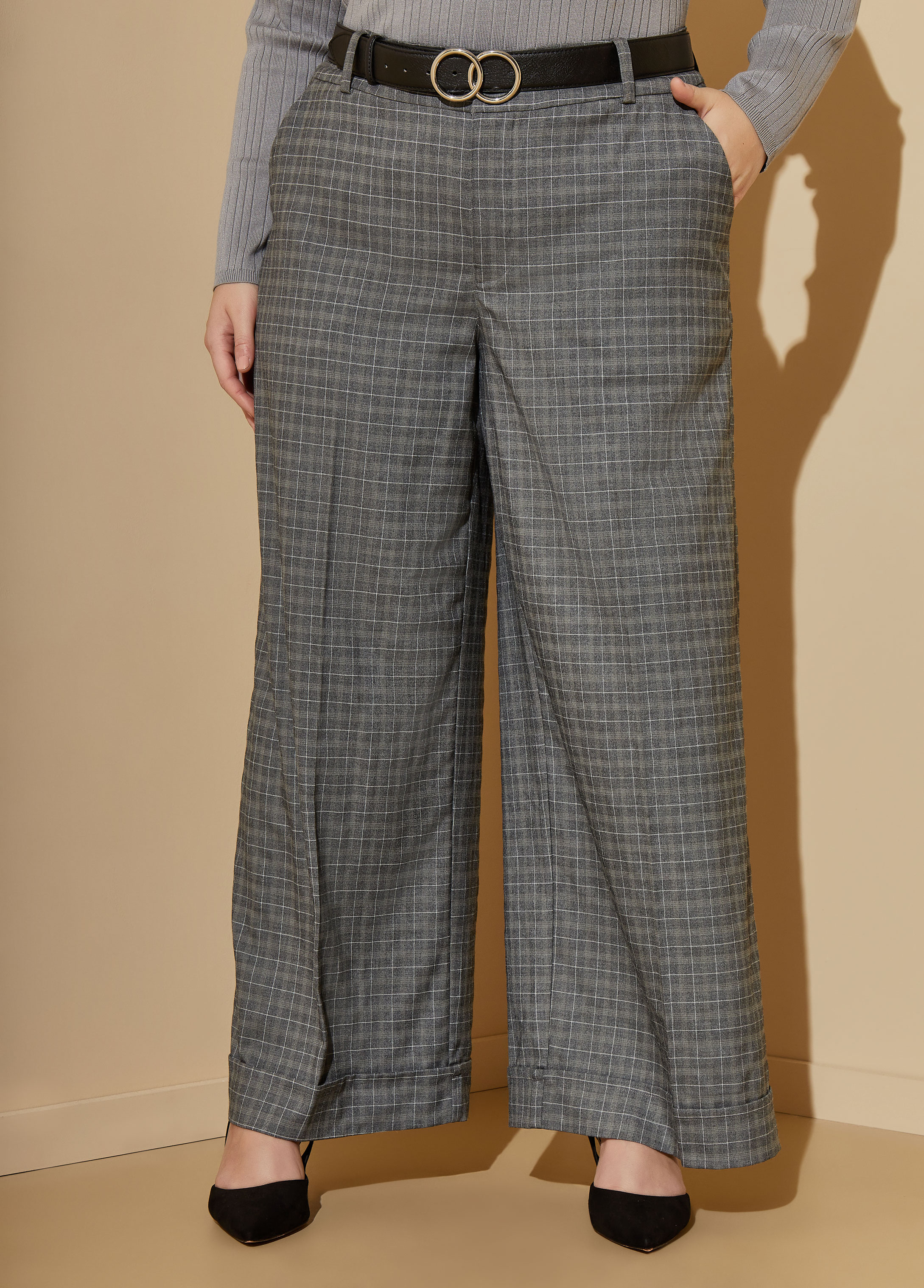 Plus Size Cuffed Plaid Trousers, GREY, 18 - Ashley Stewart