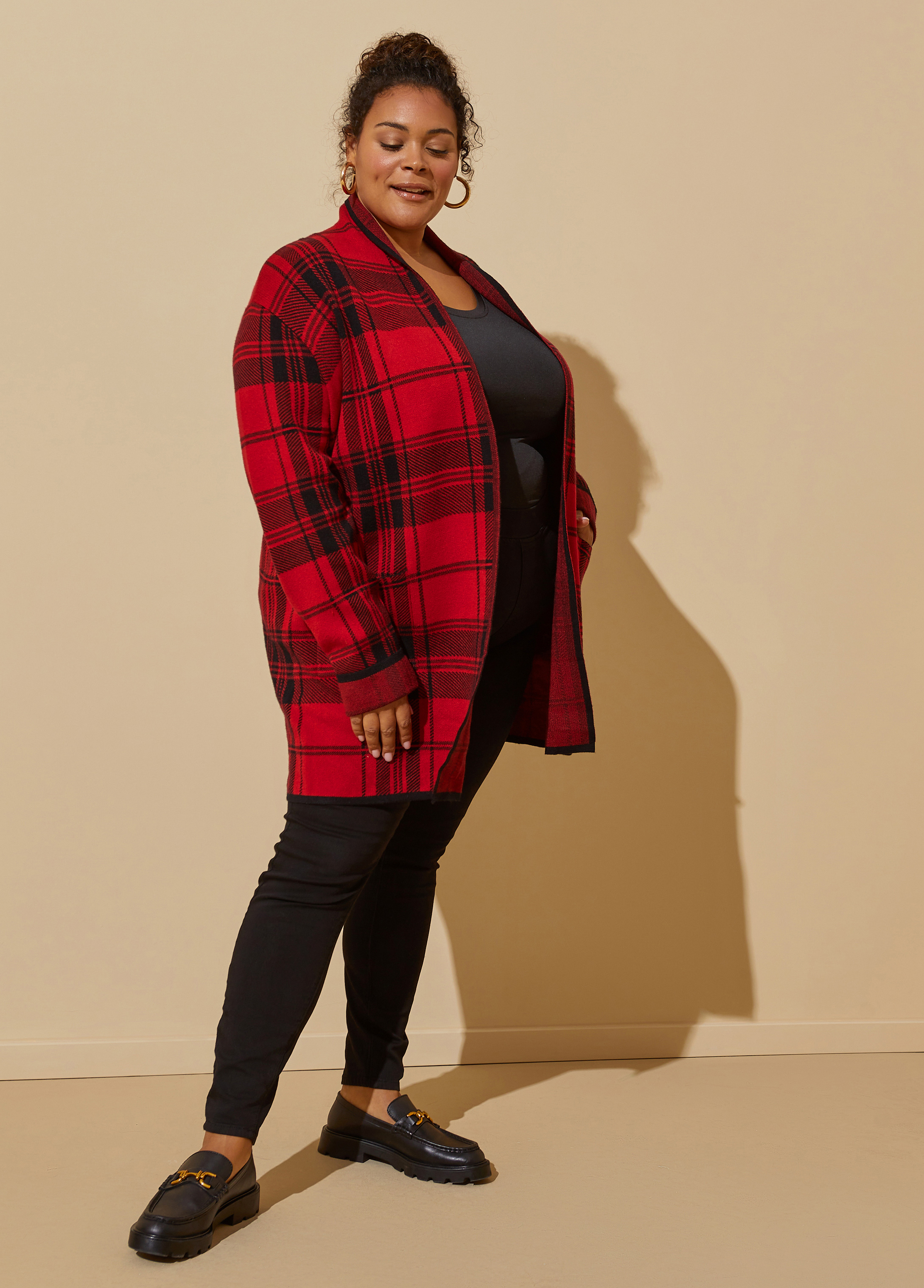 Plus Size Plaid Open Front Cardigan, RED, 22/24 - Ashley Stewart