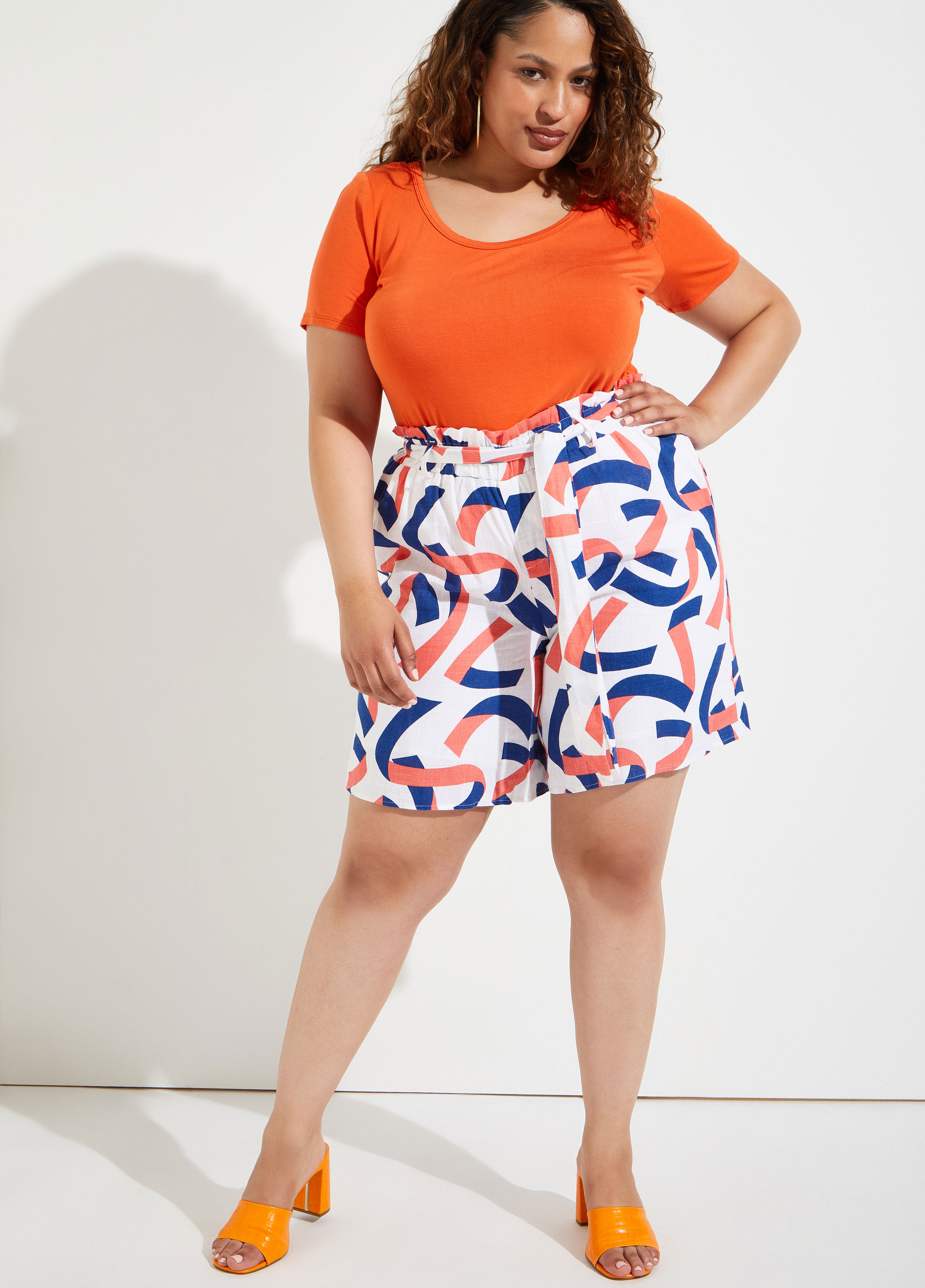 Plus Size Abstract Print Linen Blend Shorts, WHITE, 36 - Ashley Stewart