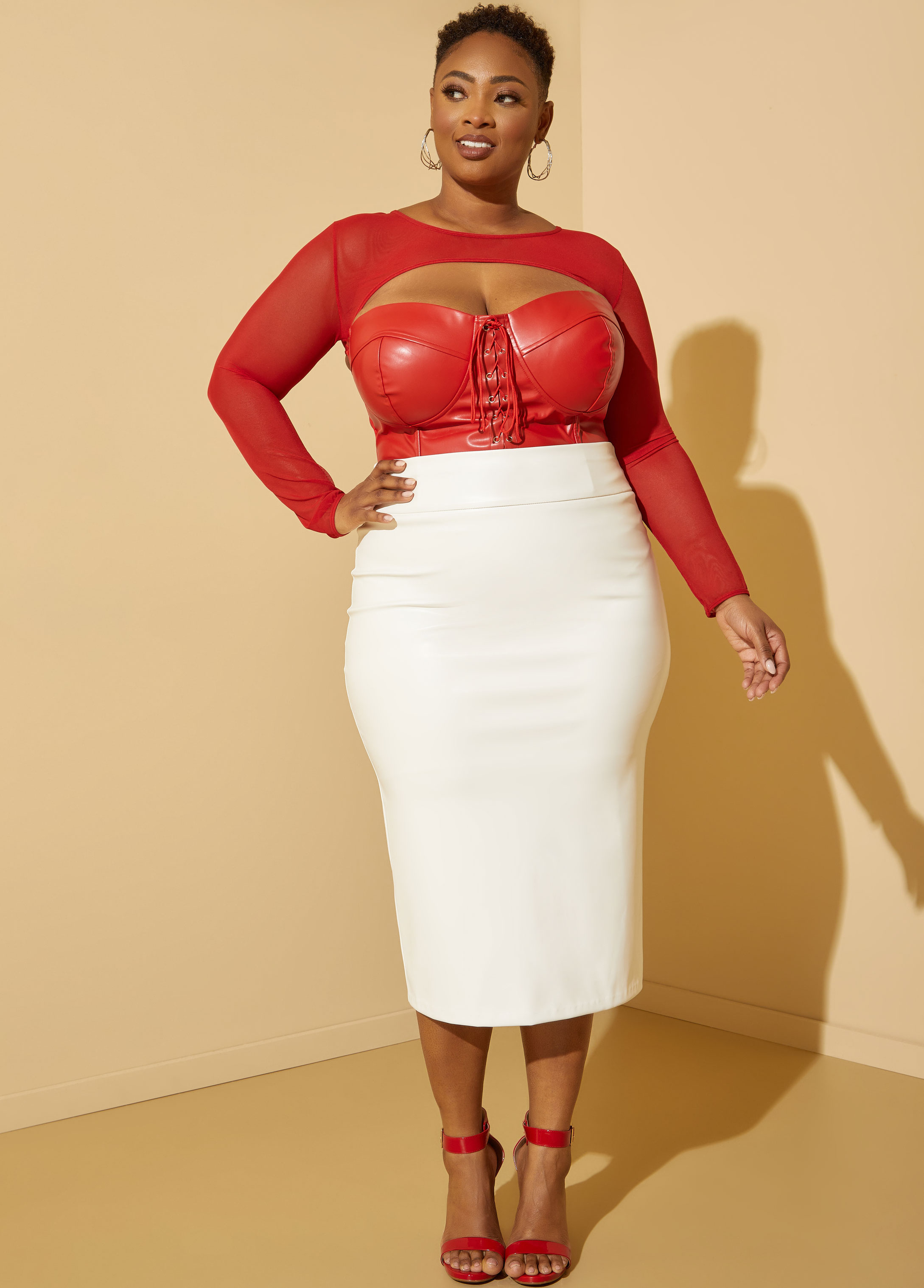 Plus Size Faux Leather High Waist Midi Skirt, WHITE, 32 - Ashley Stewart