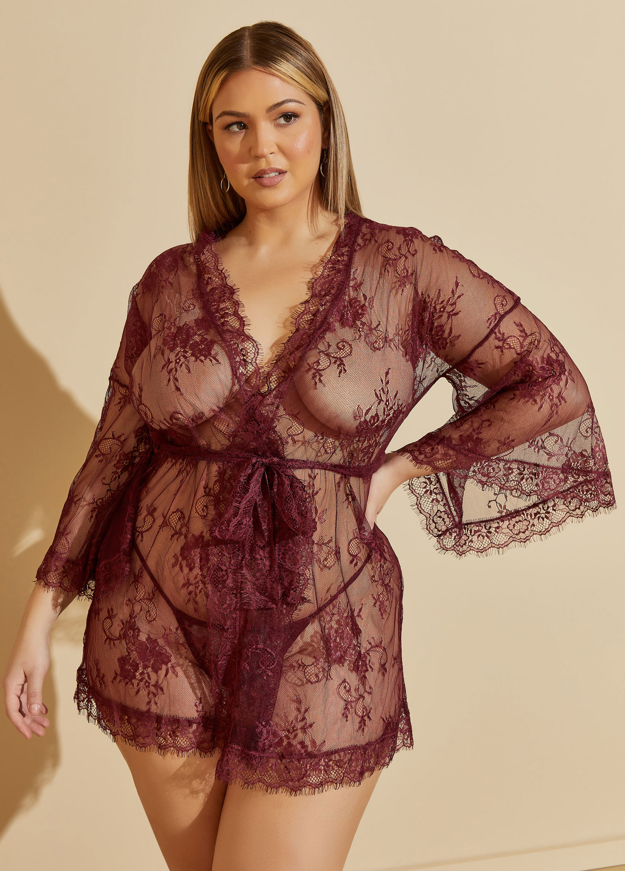 Plus Size Lace Robe And Thong Set, RED, 1X - Ashley Stewart