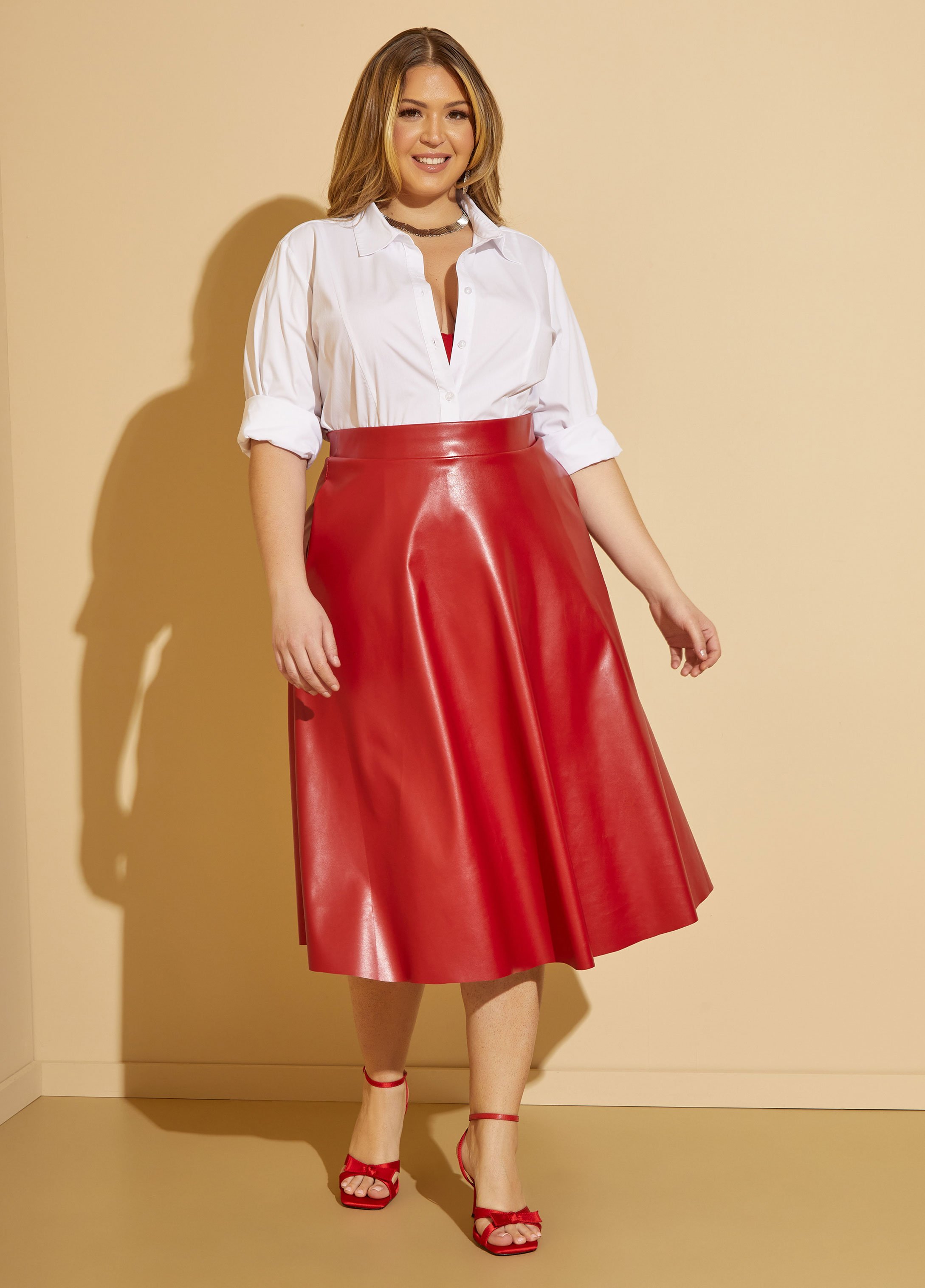Plus Size Faux Leather A Line Midi Skirt, RED, 26/28 - Ashley Stewart