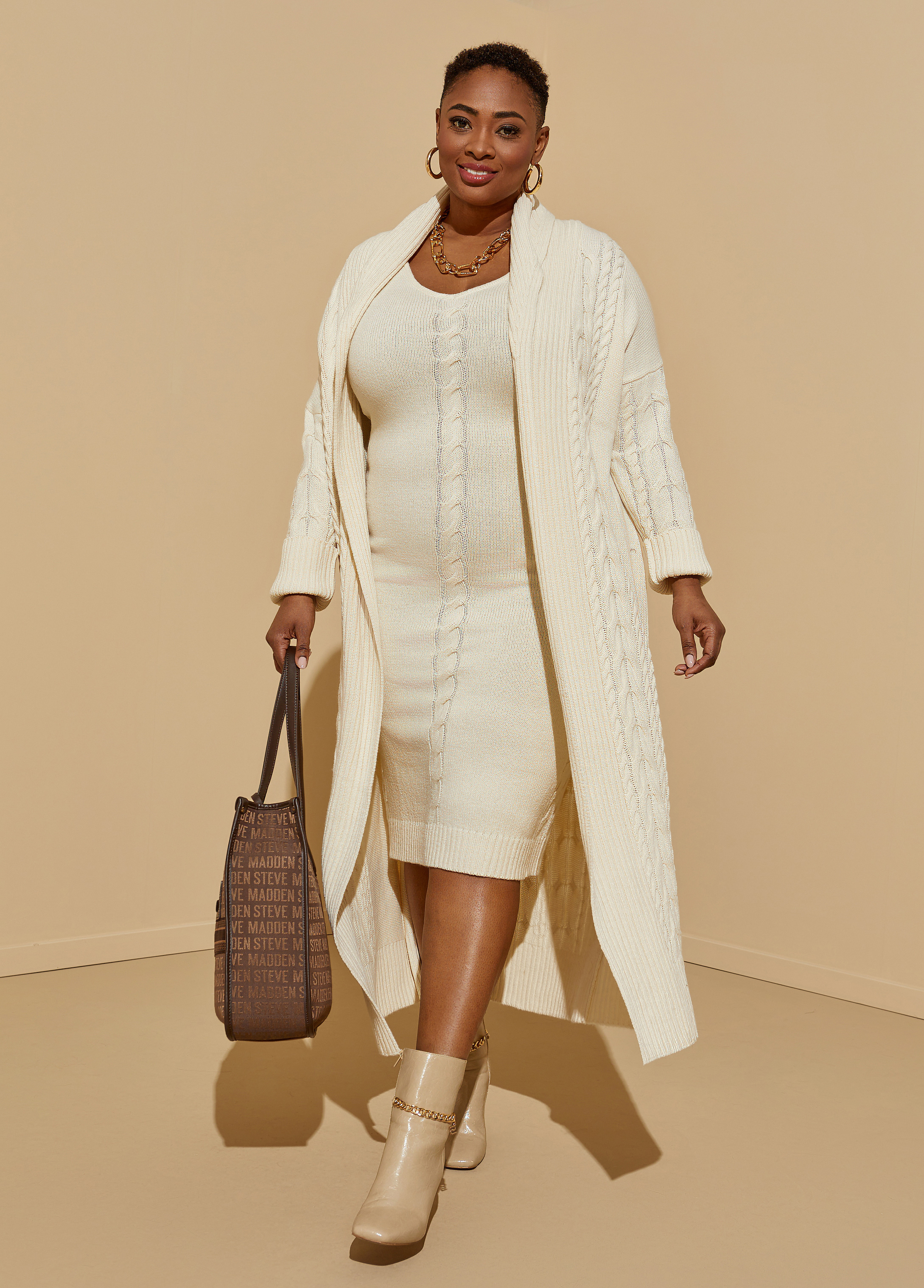 Plus Size Cable Knit Sweater Dress, WHITE, 26/28 - Ashley Stewart