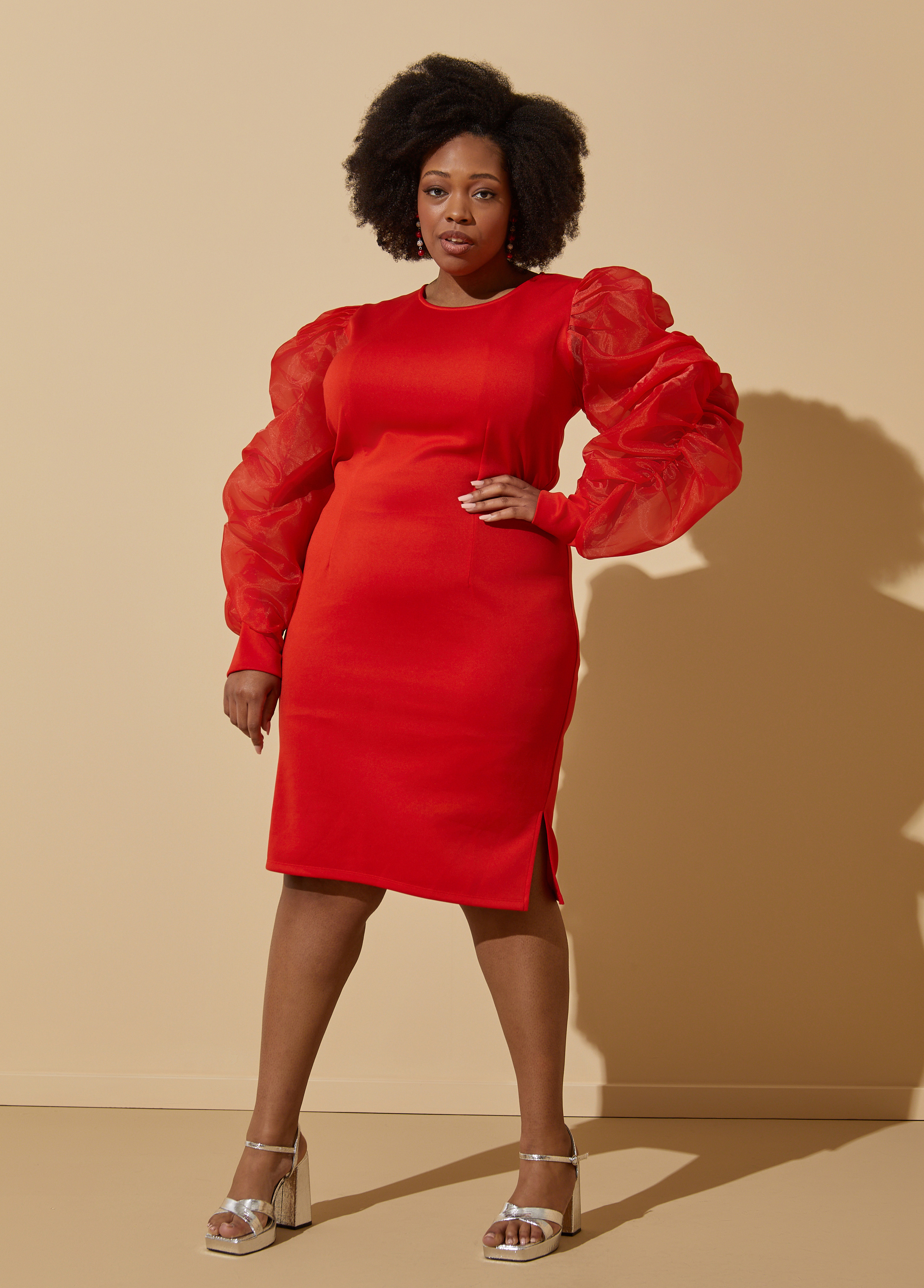 Plus Size Puff Sleeved Paneled Bodycon Dress, RED, 30/32 - Ashley Stewart
