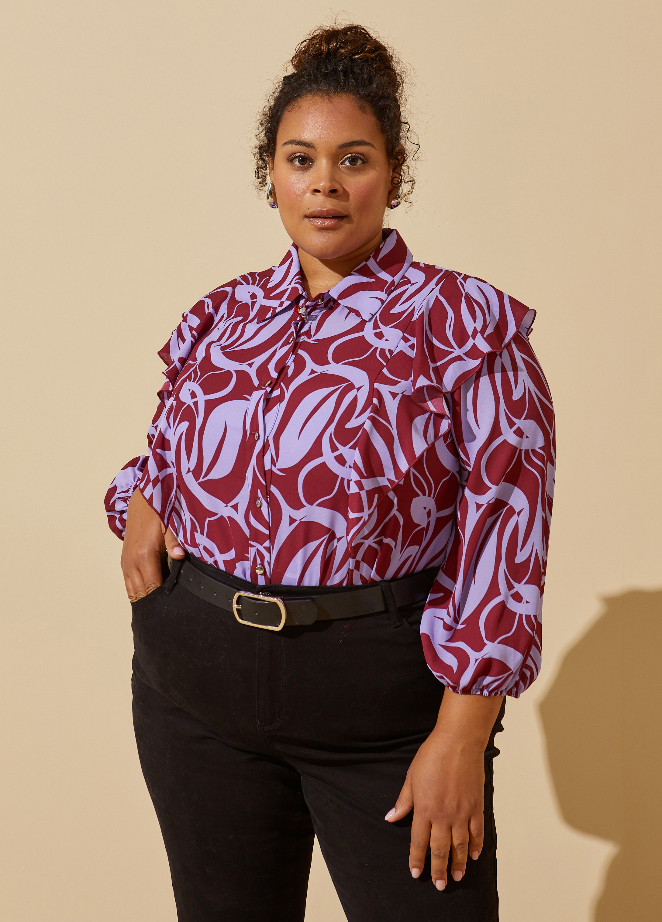 Plus Size Ruffled Floral Blouse, RED, 18/20 - Ashley Stewart
