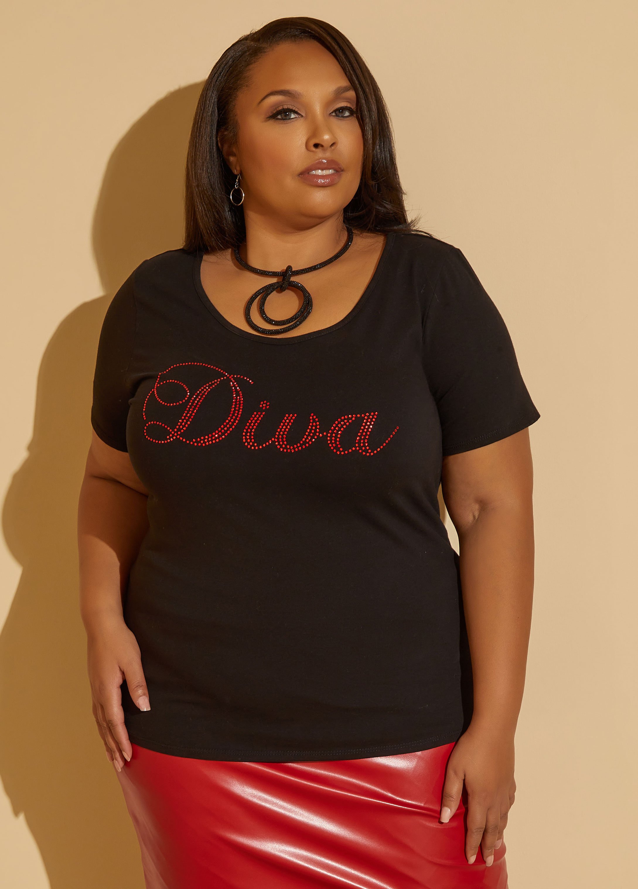 Plus Size Diva Embellished Cutout Tee, BLACK, 34/36 - Ashley Stewart