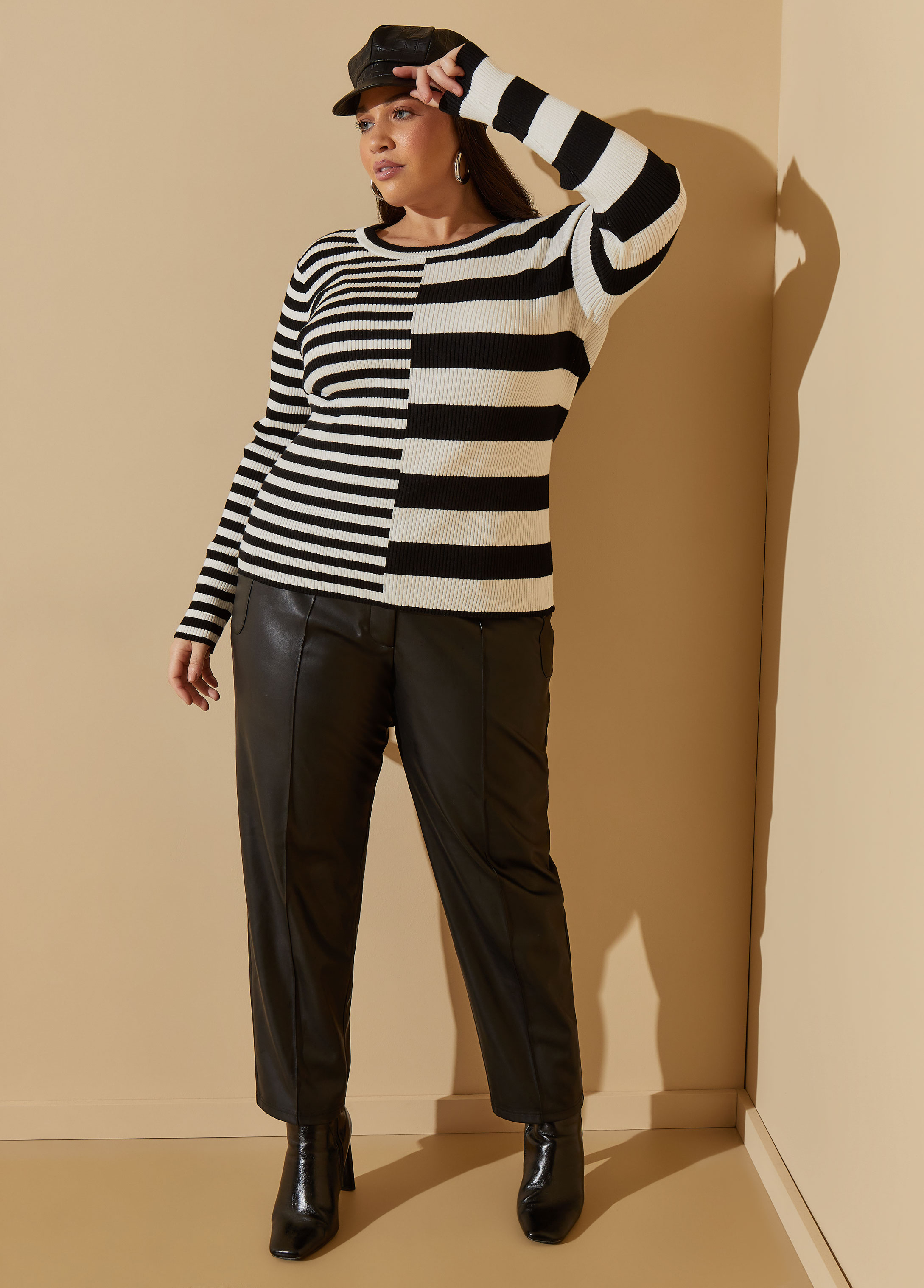 Plus Size Striped Ribbed Sweater, BLACK, 2X - Ashley Stewart
