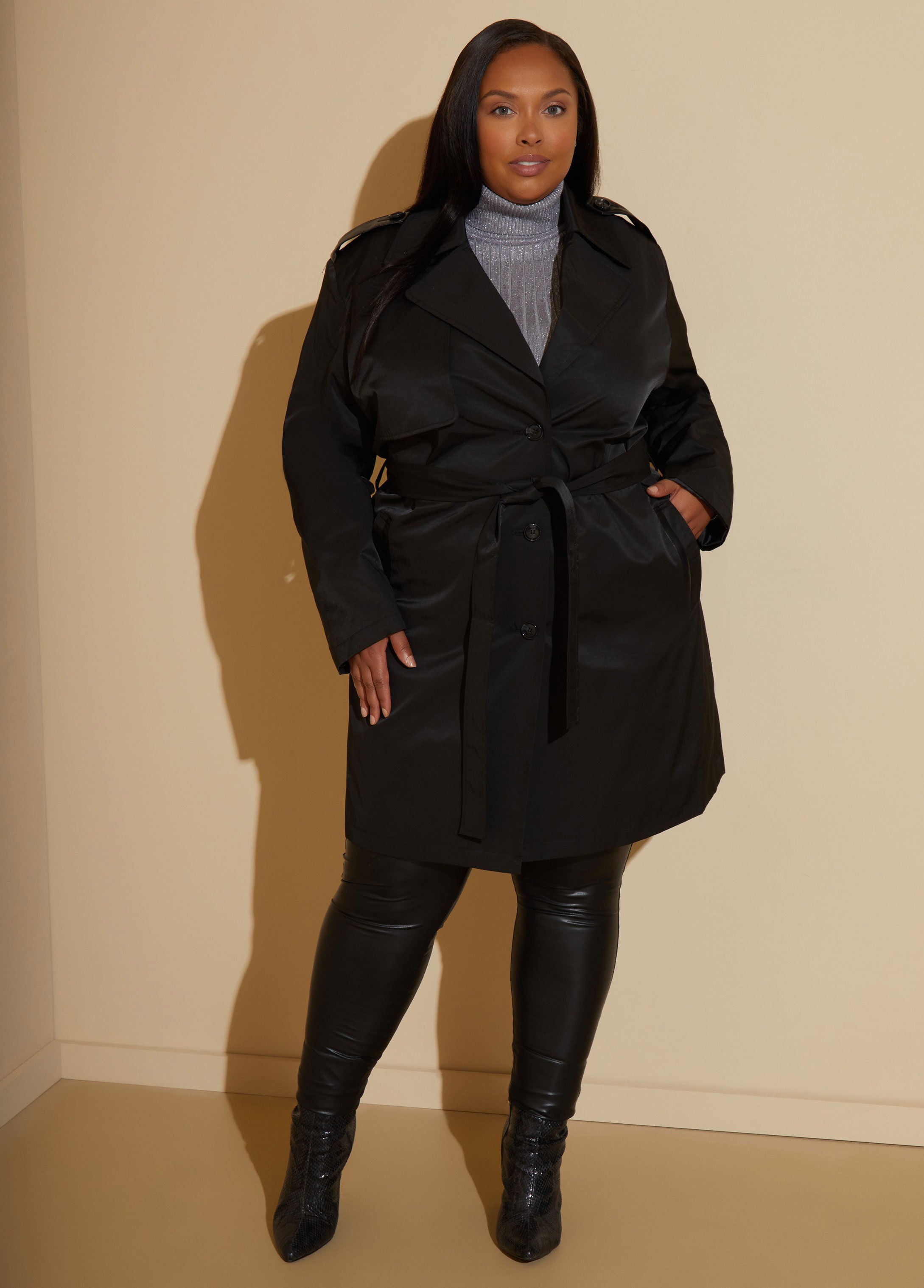 Plus Size Belted Faux Leather Trimmed Coat, BLACK, 22/24 - Ashley Stewart