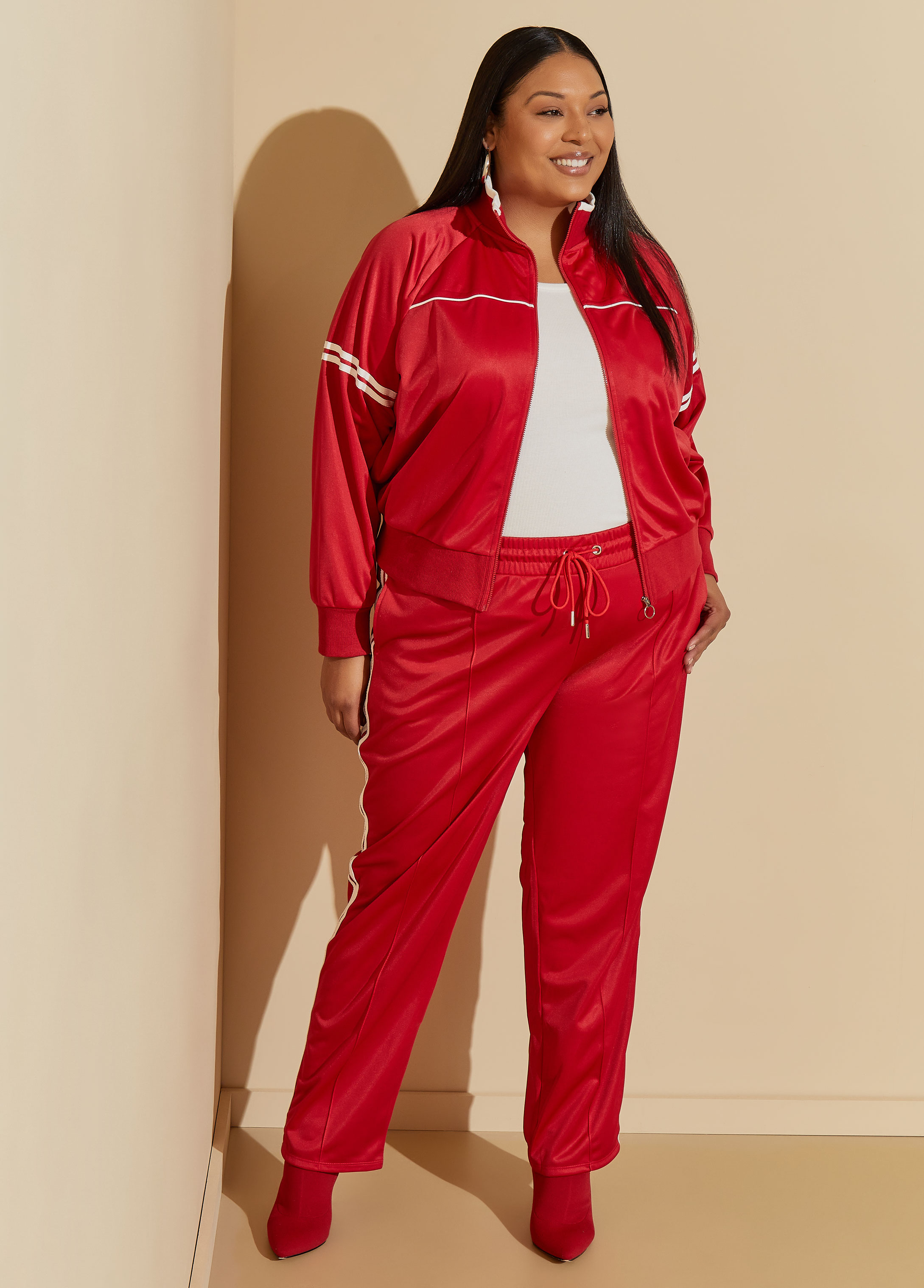 Plus Size Pintucked Striped Track Pants, RED, 34/36 - Ashley Stewart