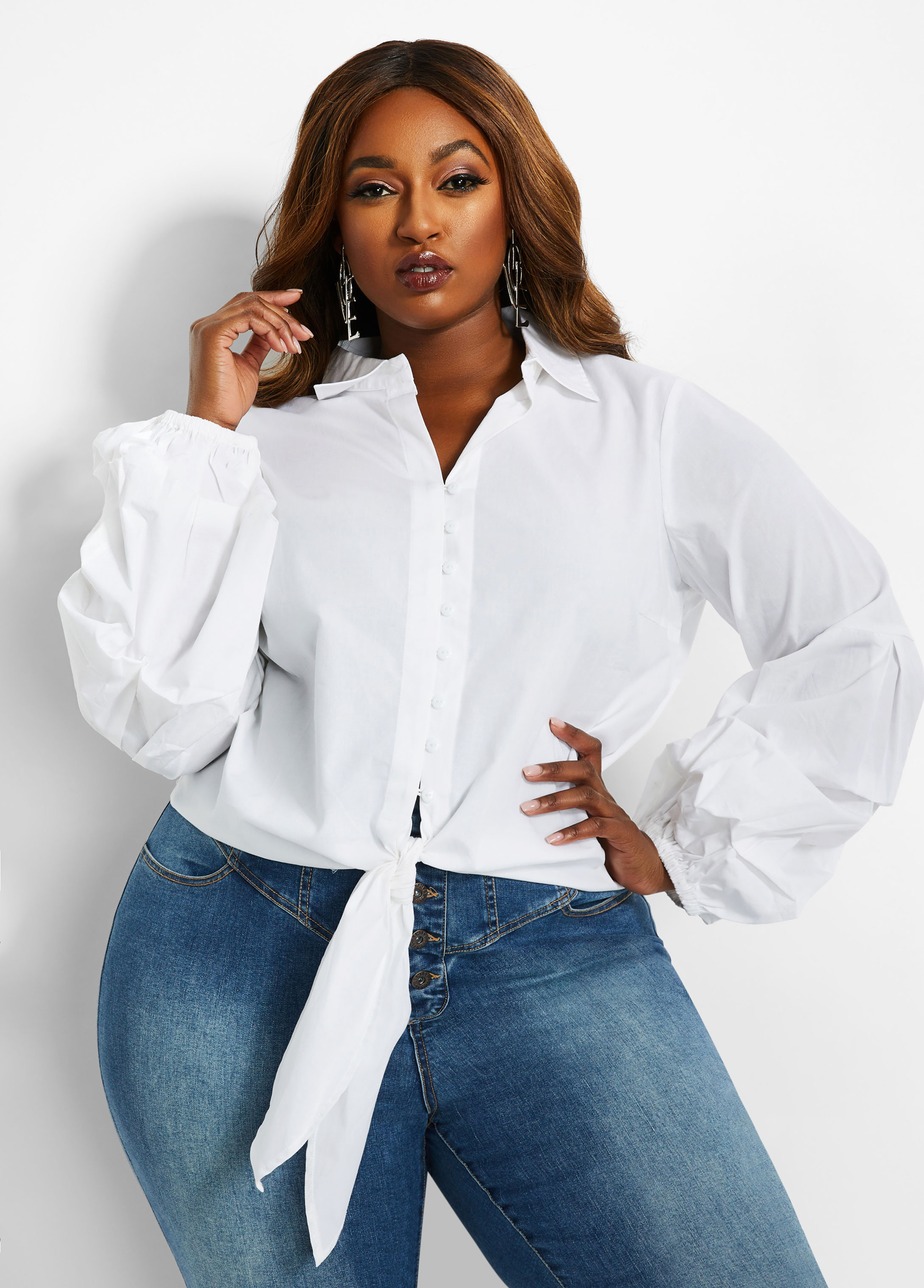 Plus Size Collared Tie Front Button Blouse