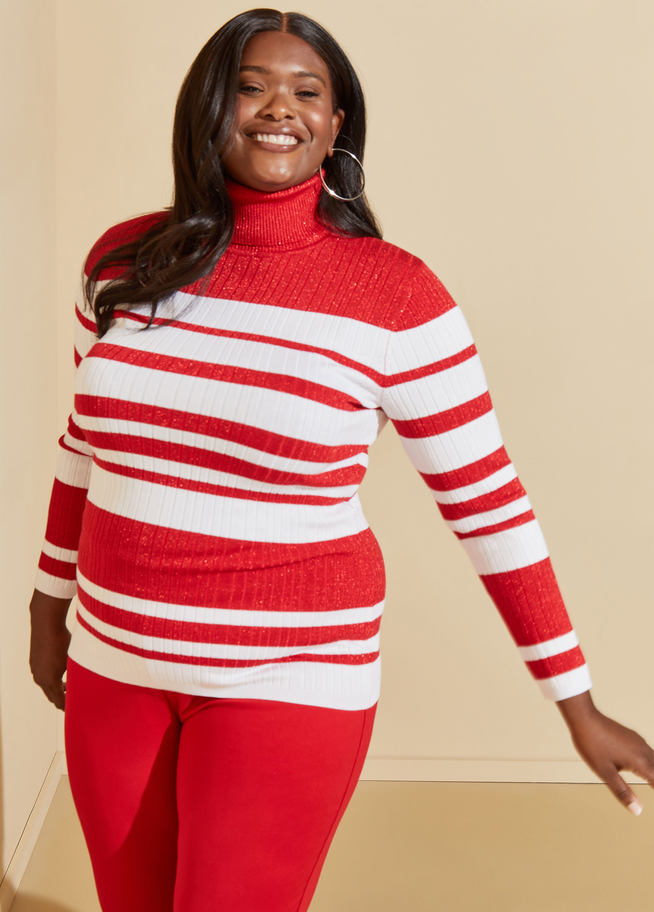 Plus Size Lurex Ribbed Turtleneck Sweater, RED, 18/20 - Ashley Stewart
