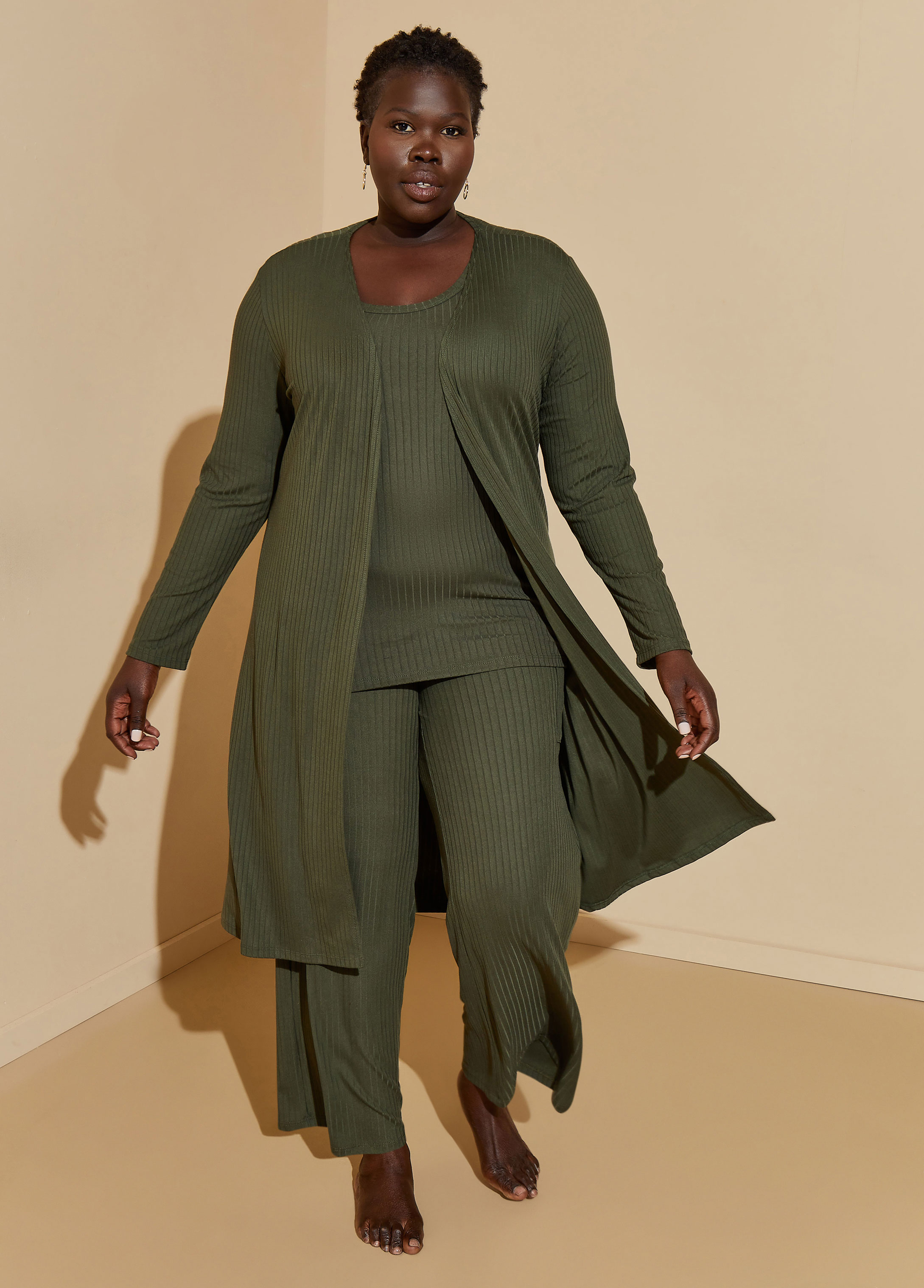 Plus Size Ribbed Lounge Duster, GREEN, 2X - Ashley Stewart