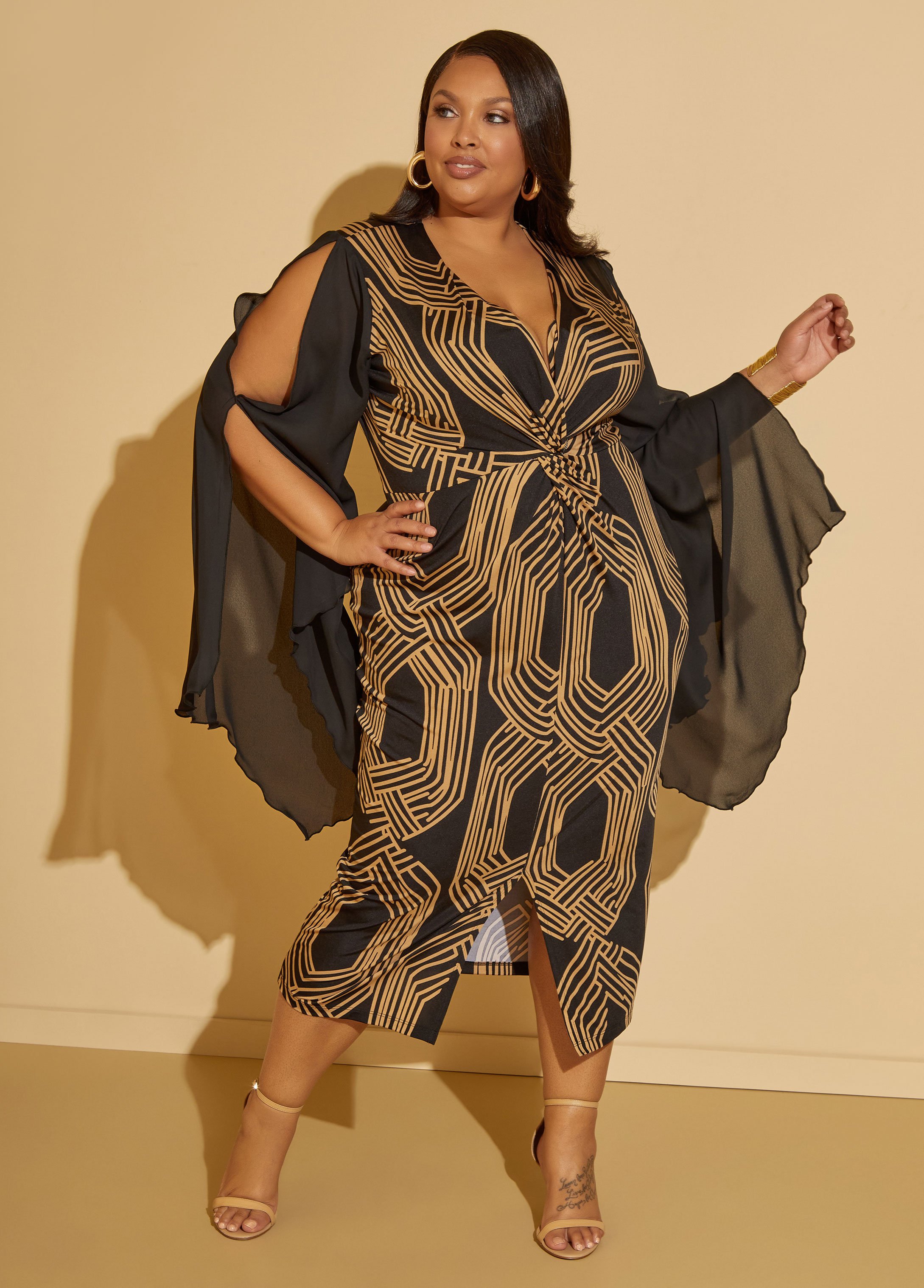 Plus Size Paneled Printed Sheath Dress, BLACK, 30/32 - Ashley Stewart