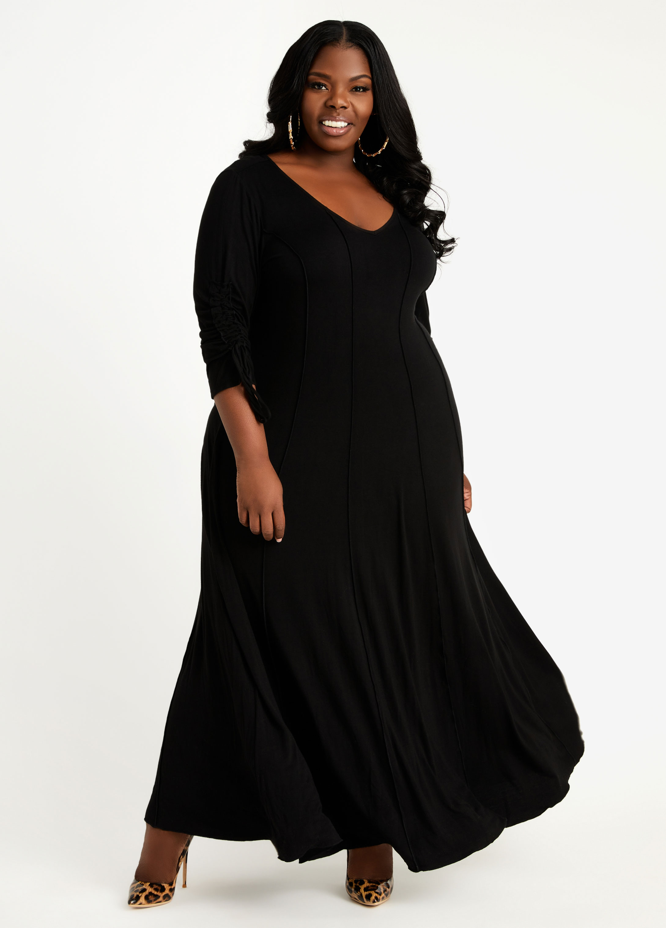 Plus Size Ruched Sleeve Stretch Knit Seamed Maxi Ruffle Trim Dress