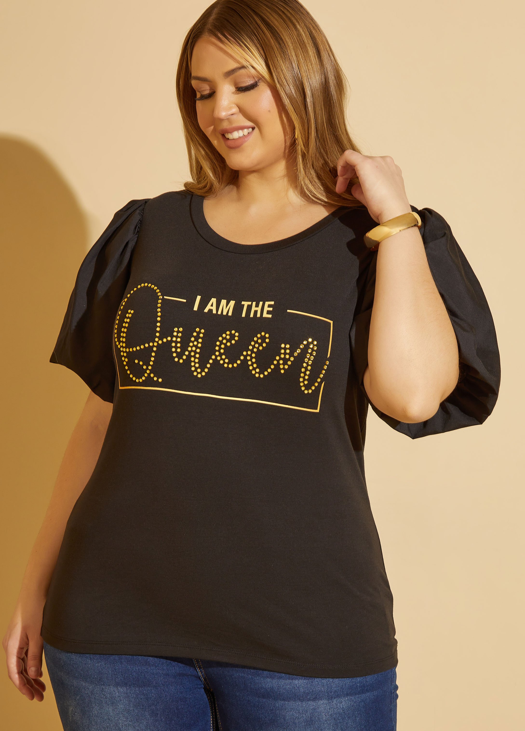 Plus Size I Am The Queen Puff Sleeved Tee, BLACK, 34/36 - Ashley Stewart