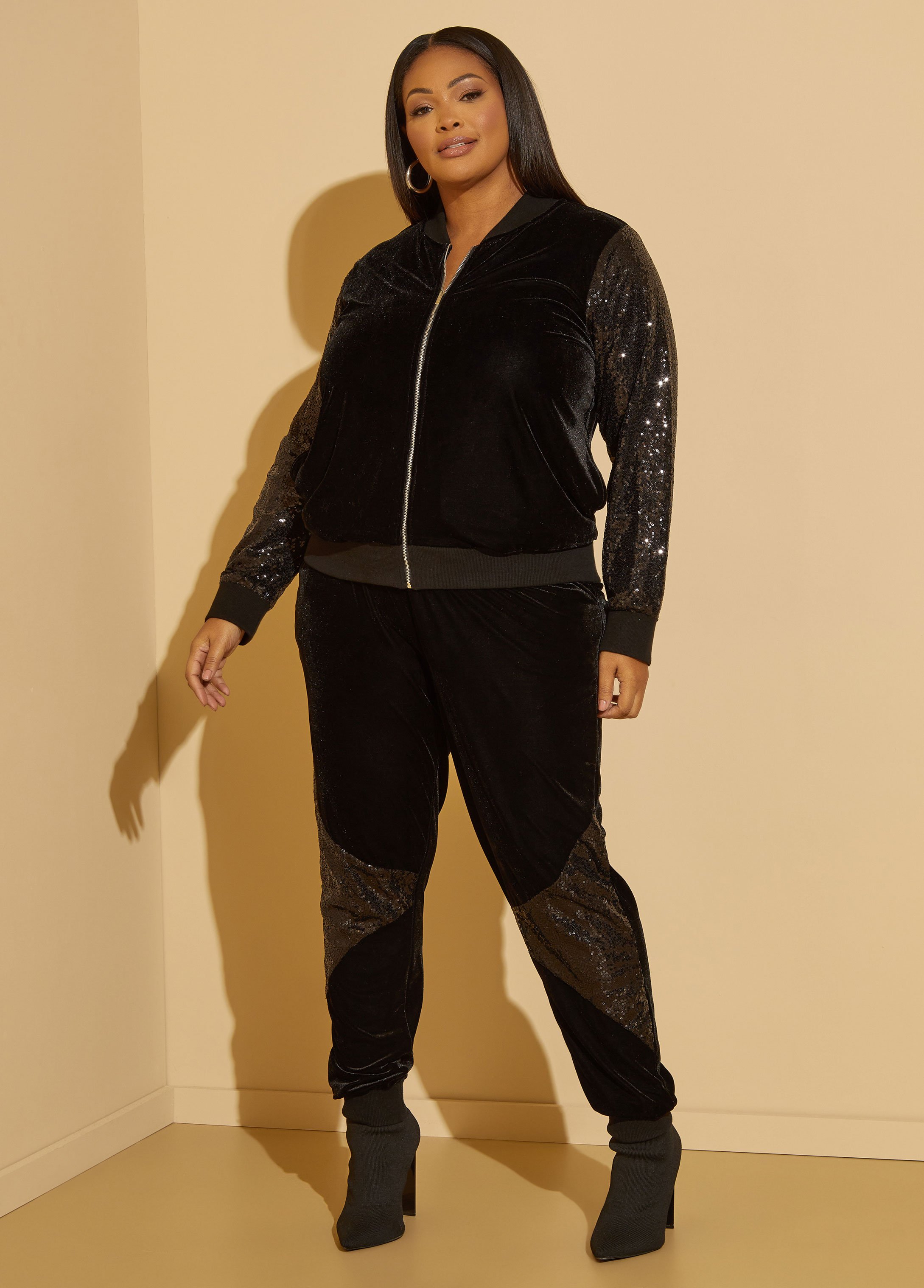 Plus Size Sequined Paneled Velour Jacket, BLACK, 34/36 - Ashley Stewart