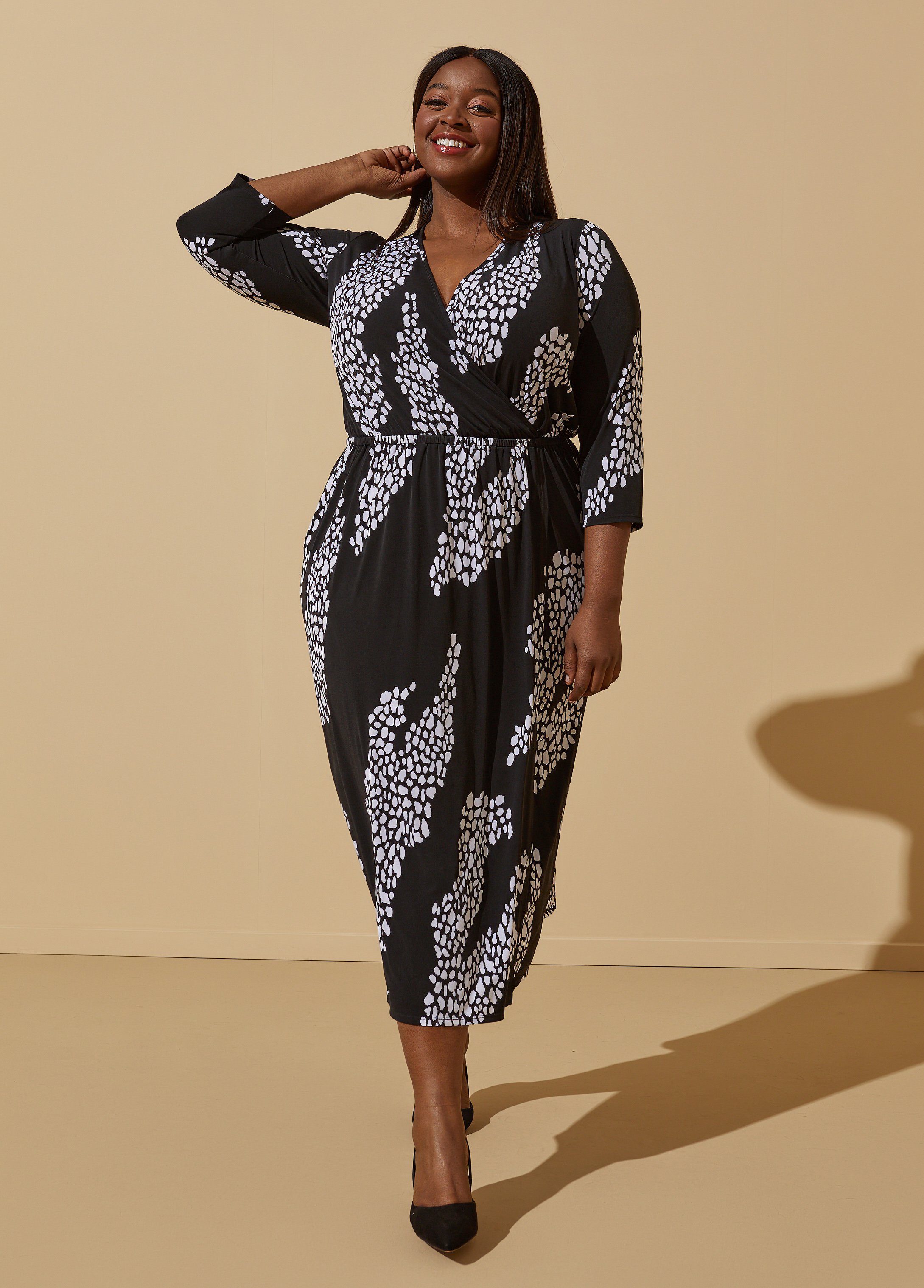Plus Size Faux Printed Wrap Midi Dress, BLACK, 30/32 - Ashley Stewart
