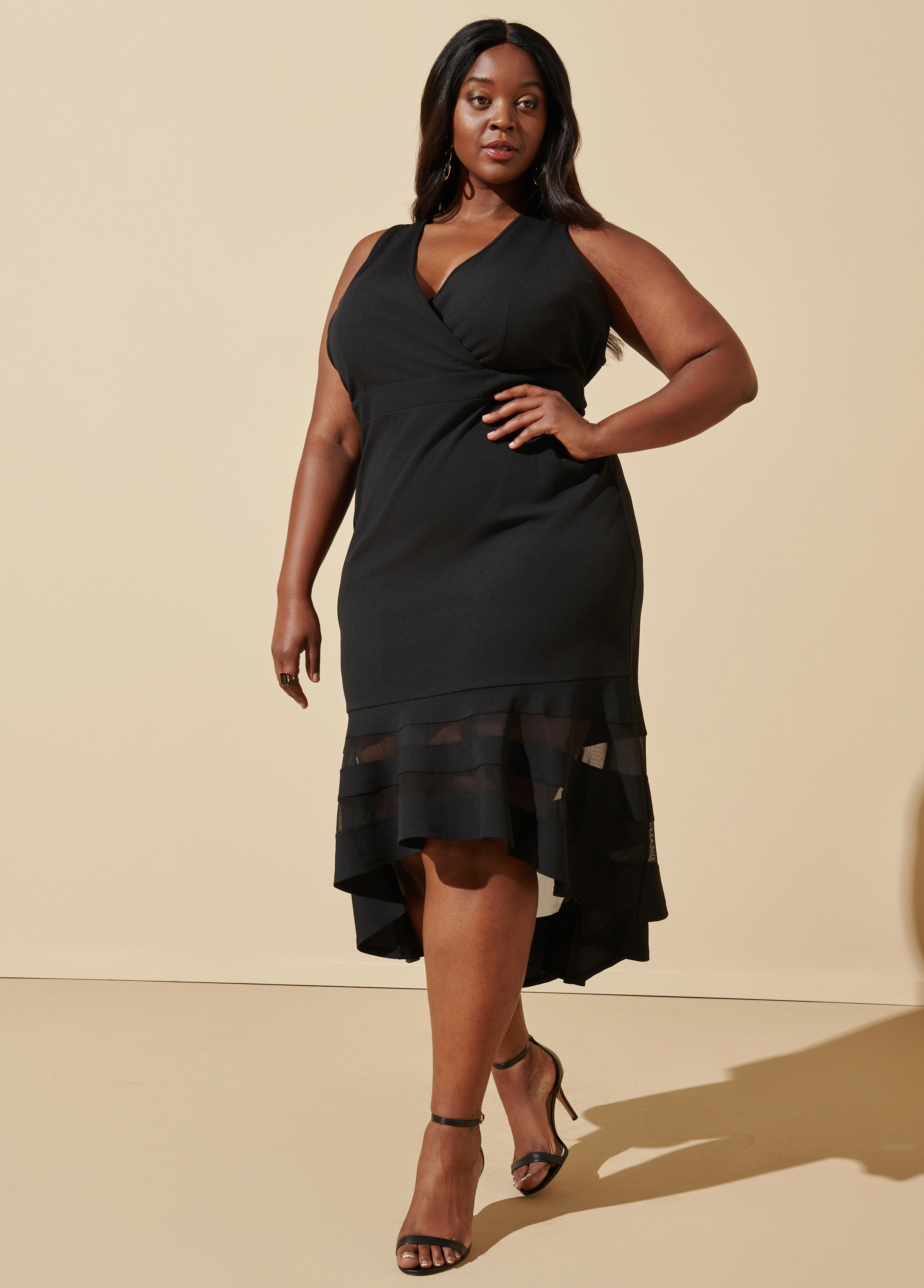 Plus Size Mesh Paneled Faux Wrap Dress, BLACK, 34/36 - Ashley Stewart