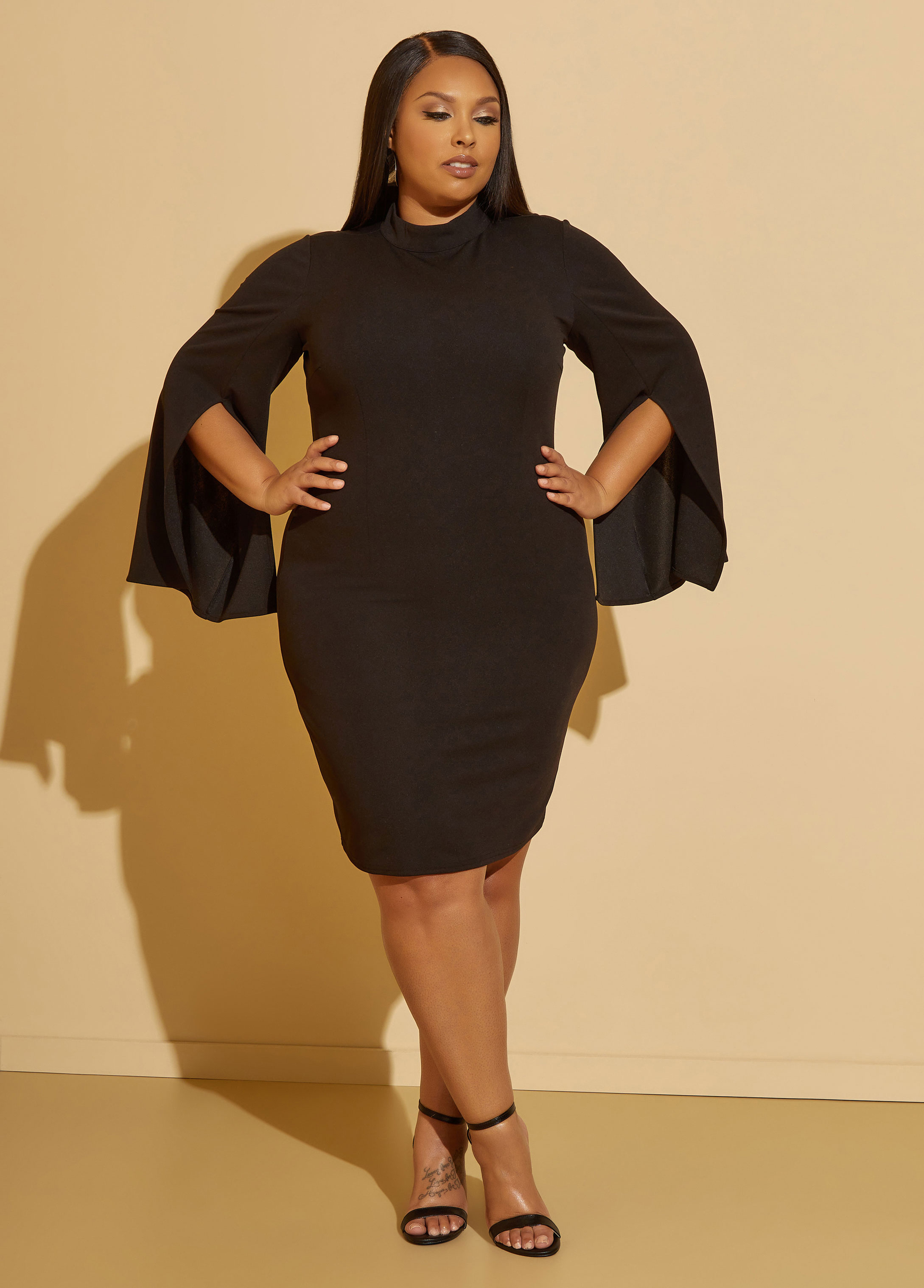 Plus Size Split Sleeved Bodycon Dress, BLACK, 34/36 - Ashley Stewart