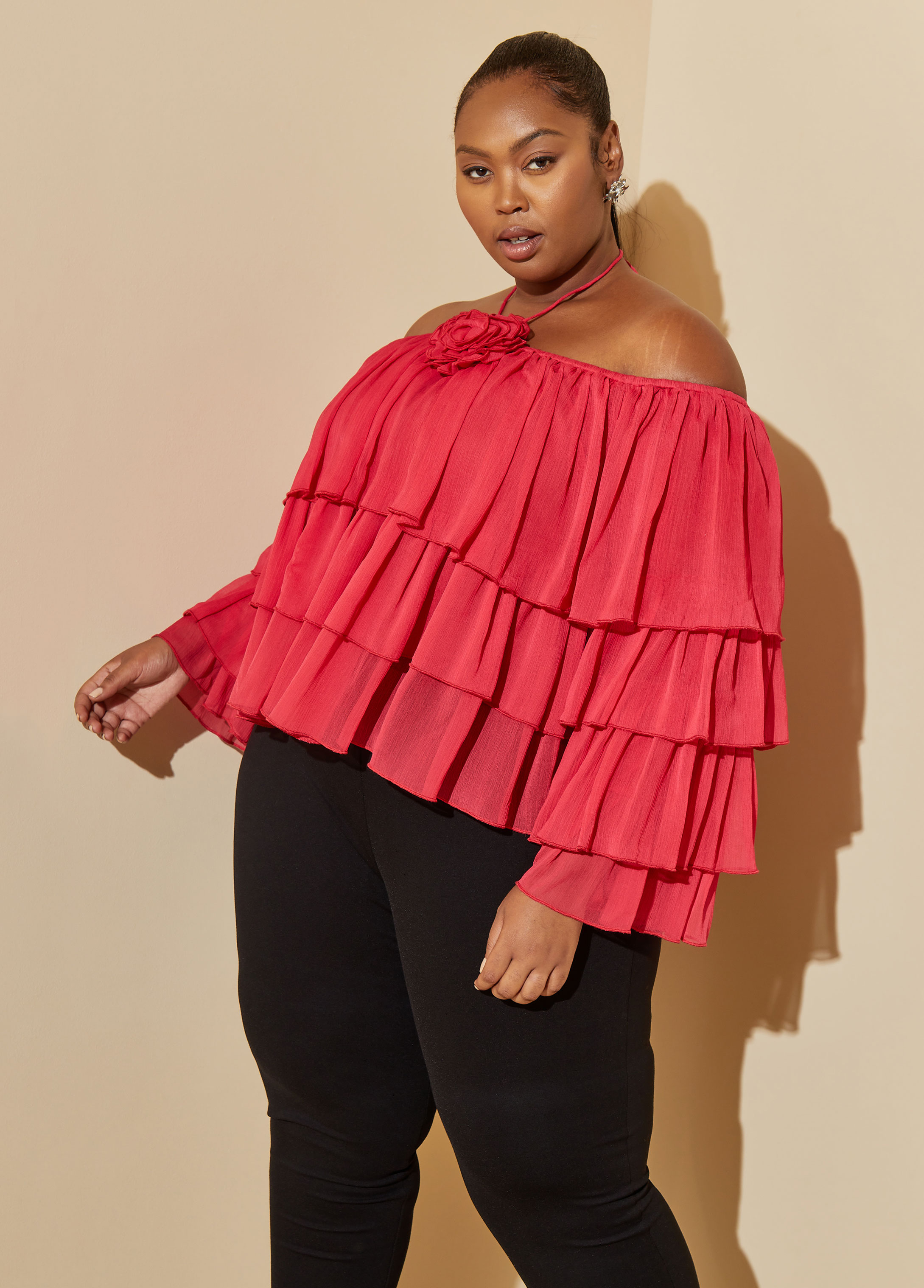 Plus Size Rosette Off The Shoulder Top, RED, 30/32 - Ashley Stewart