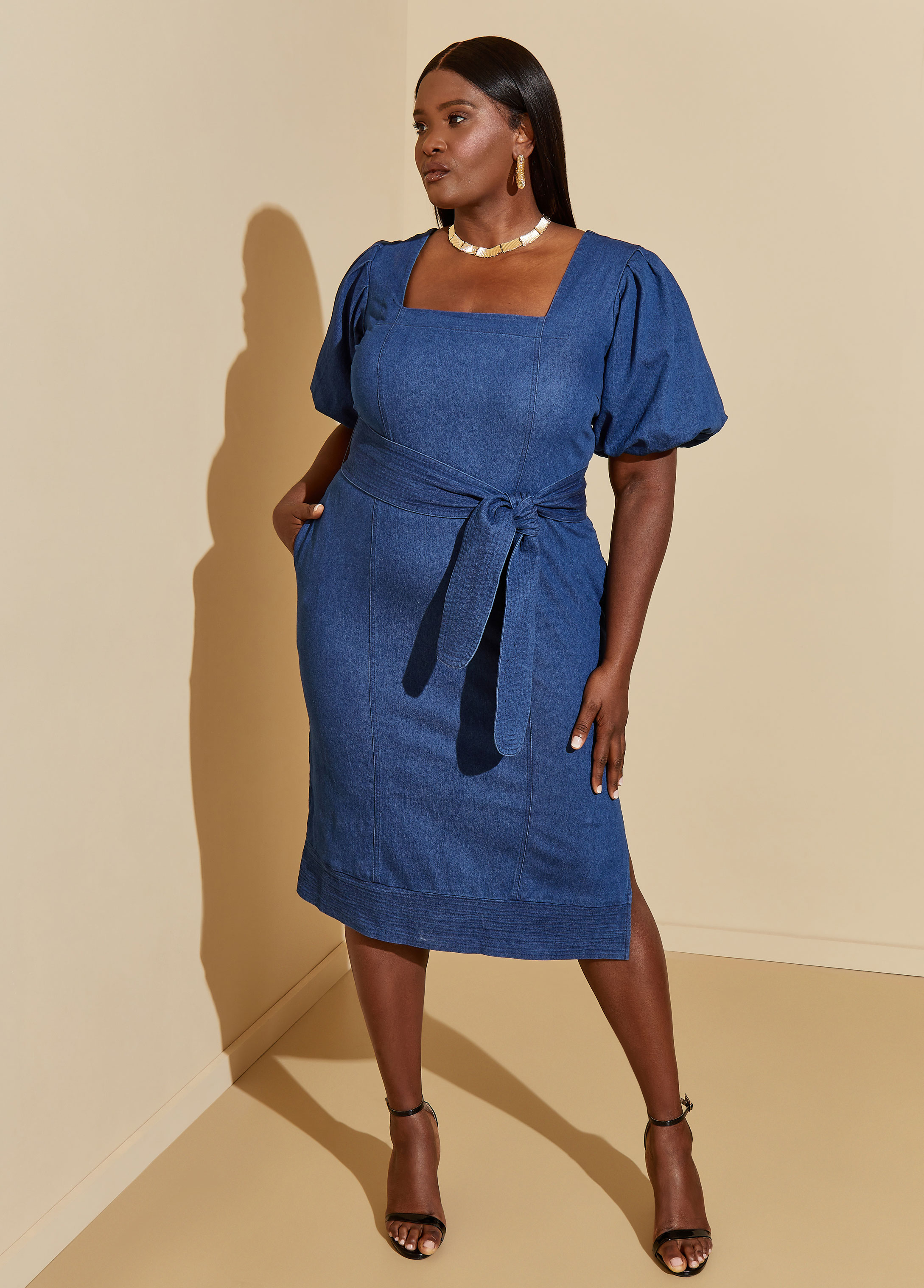 Plus Size Puff Sleeve Denim Dress, BLUE, 30/32 - Ashley Stewart