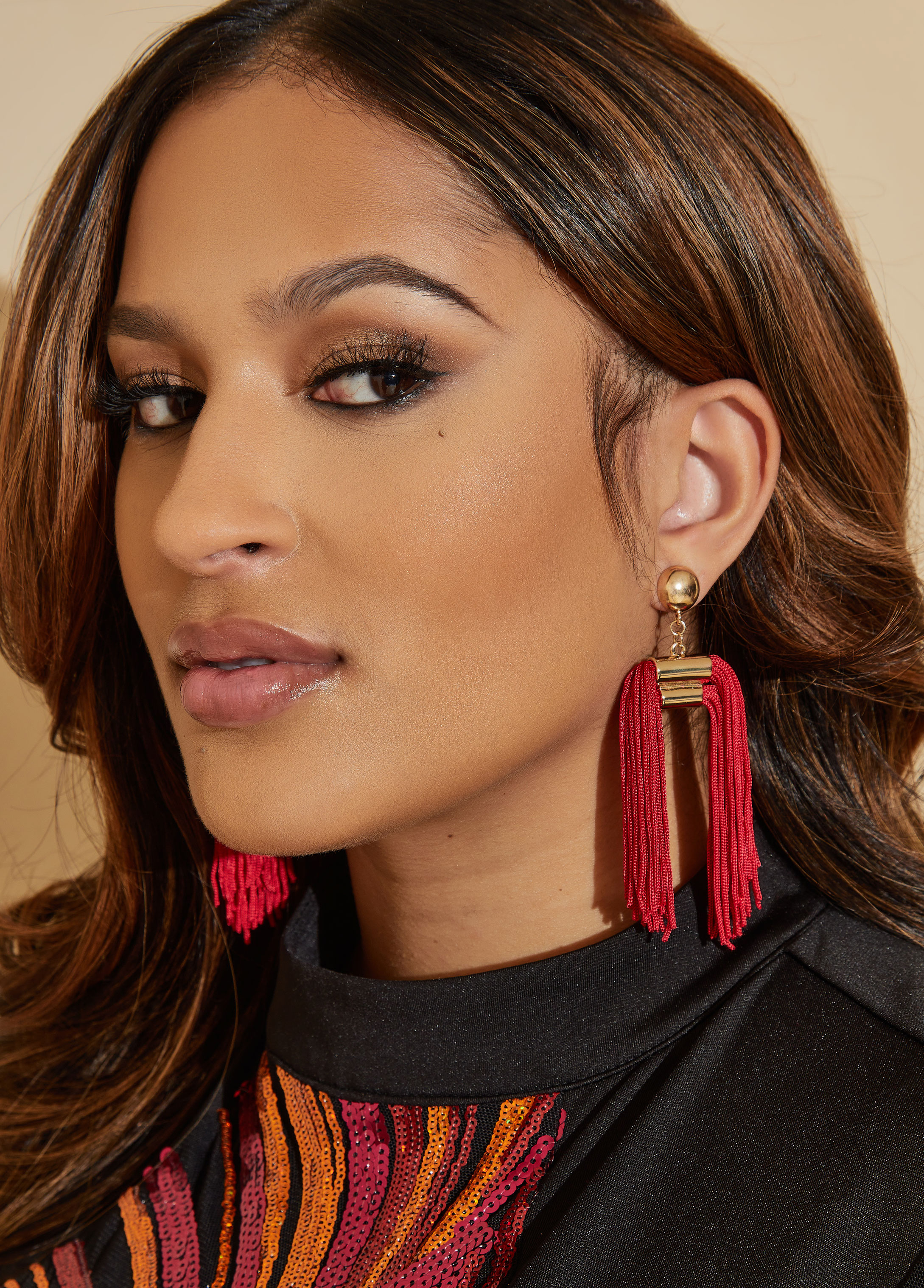 Plus Size Tasseled Gold Tone Earrings, RED, N/S - Ashley Stewart