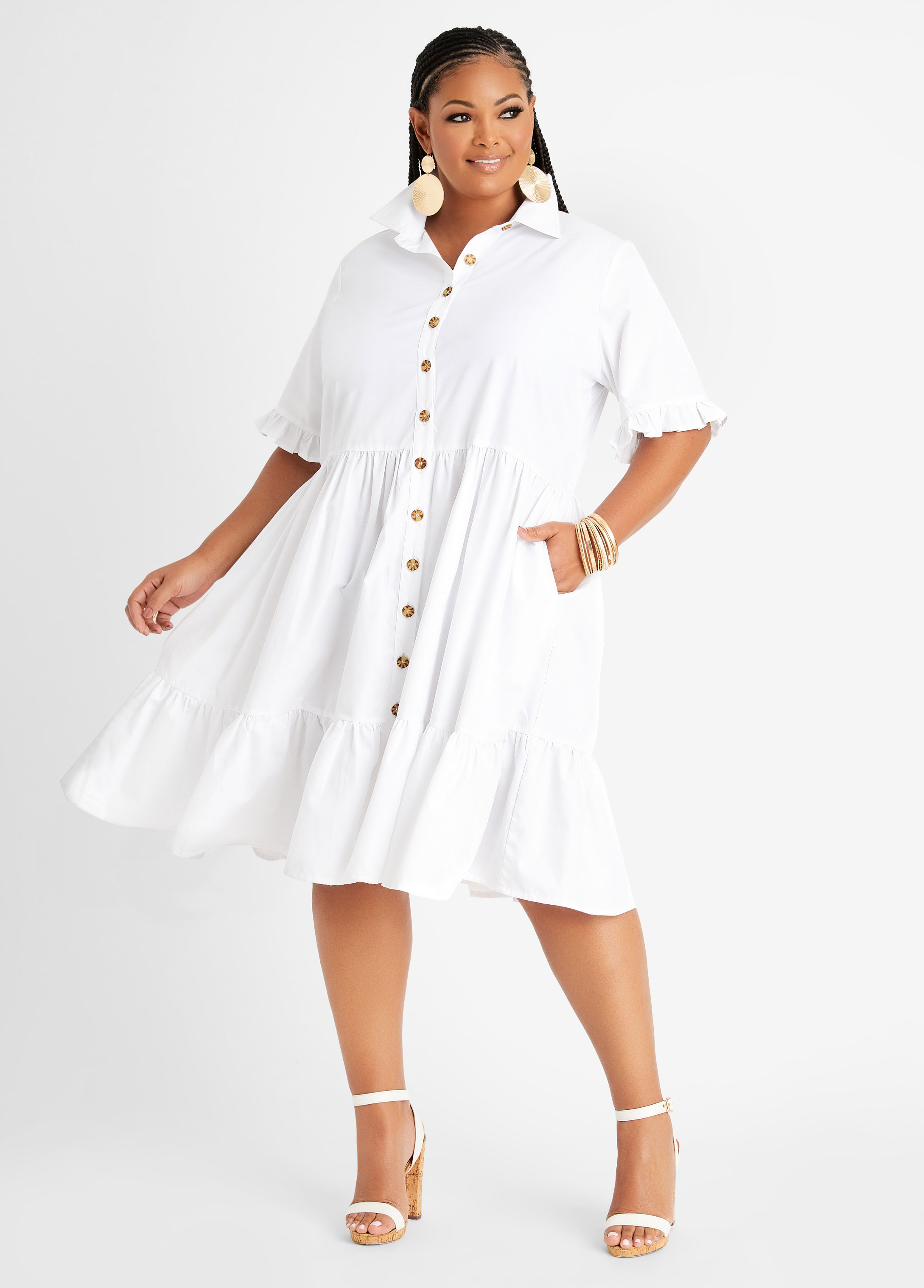 Plus Size Babydoll Poplin Shirt Dress, WHITE, 34 - Ashley Stewart
