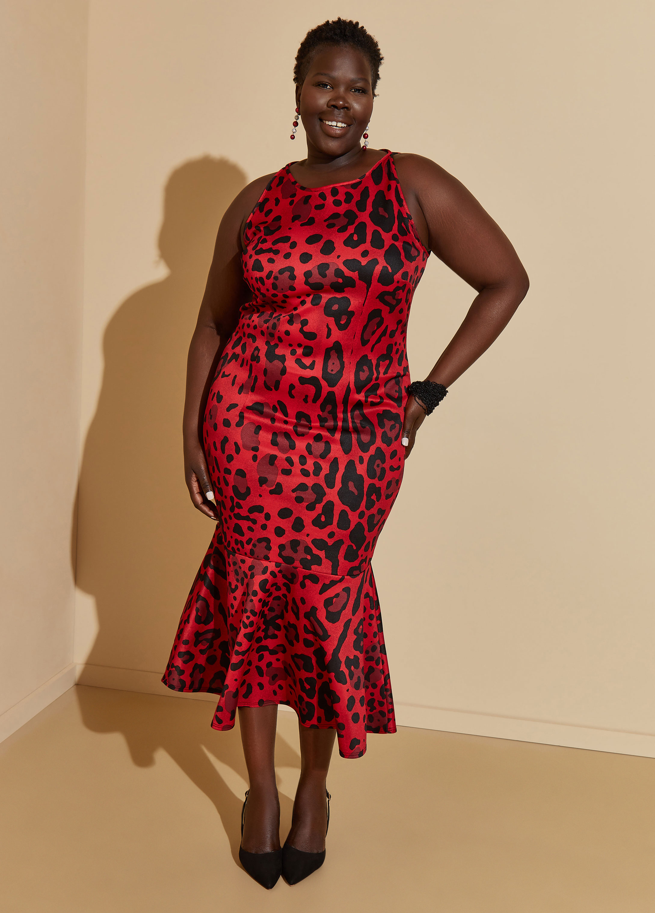 Plus Size Flounced Leopard Midaxi Dress, RED, 30/32 - Ashley Stewart