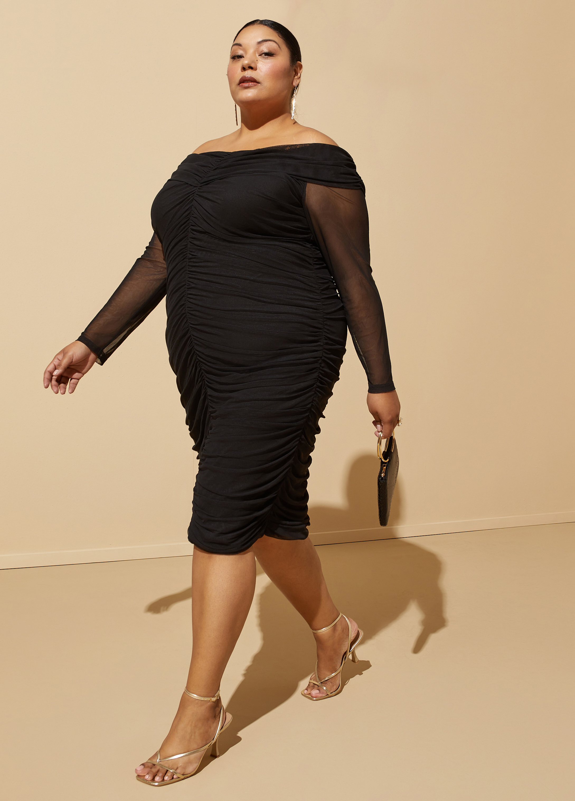 Plus Size Off The Shoulder Ruched Mesh Dress, BLACK, 22/24 - Ashley Stewart