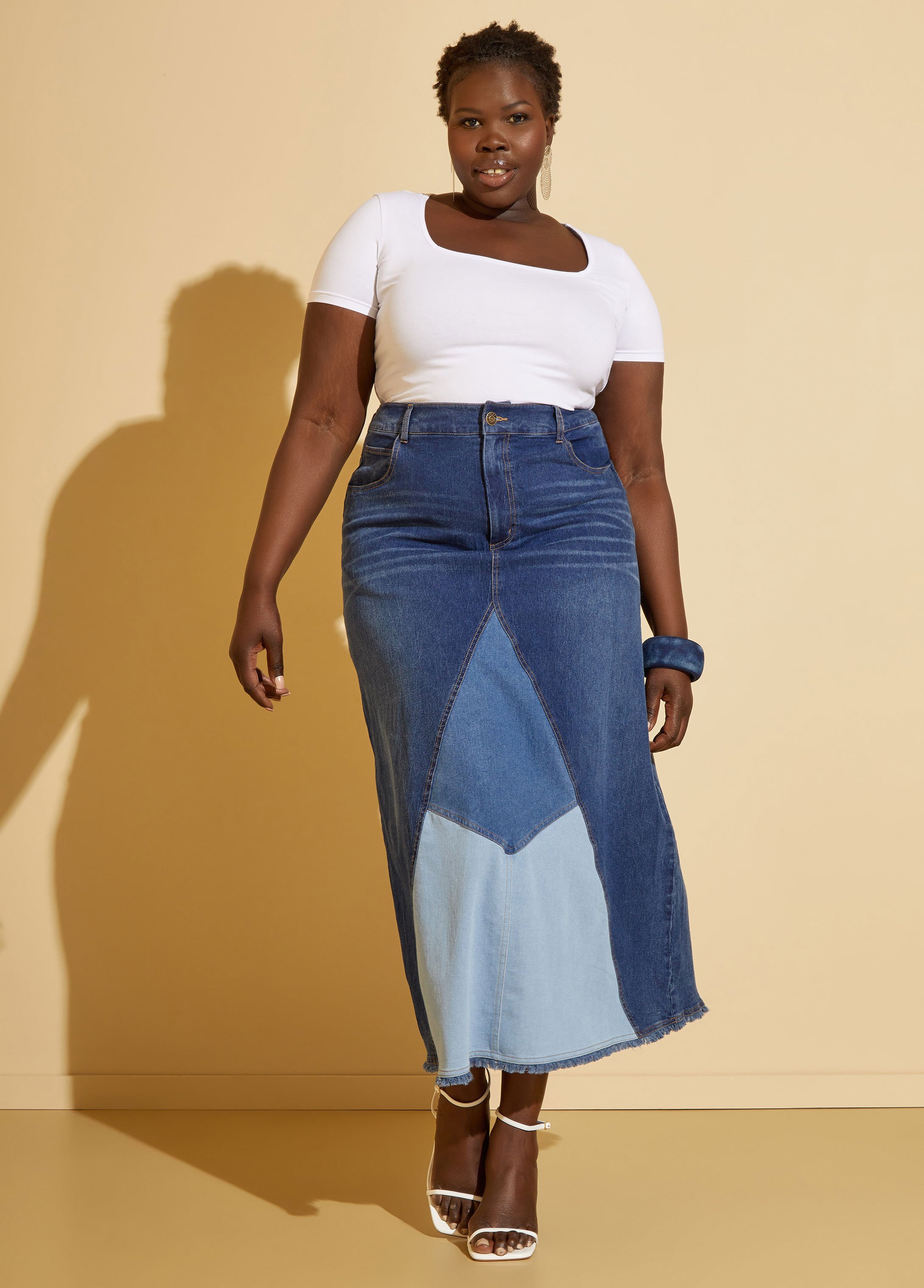 Plus Size Patchwork Denim Maxi Skirt, BLUE, 18 - Ashley Stewart