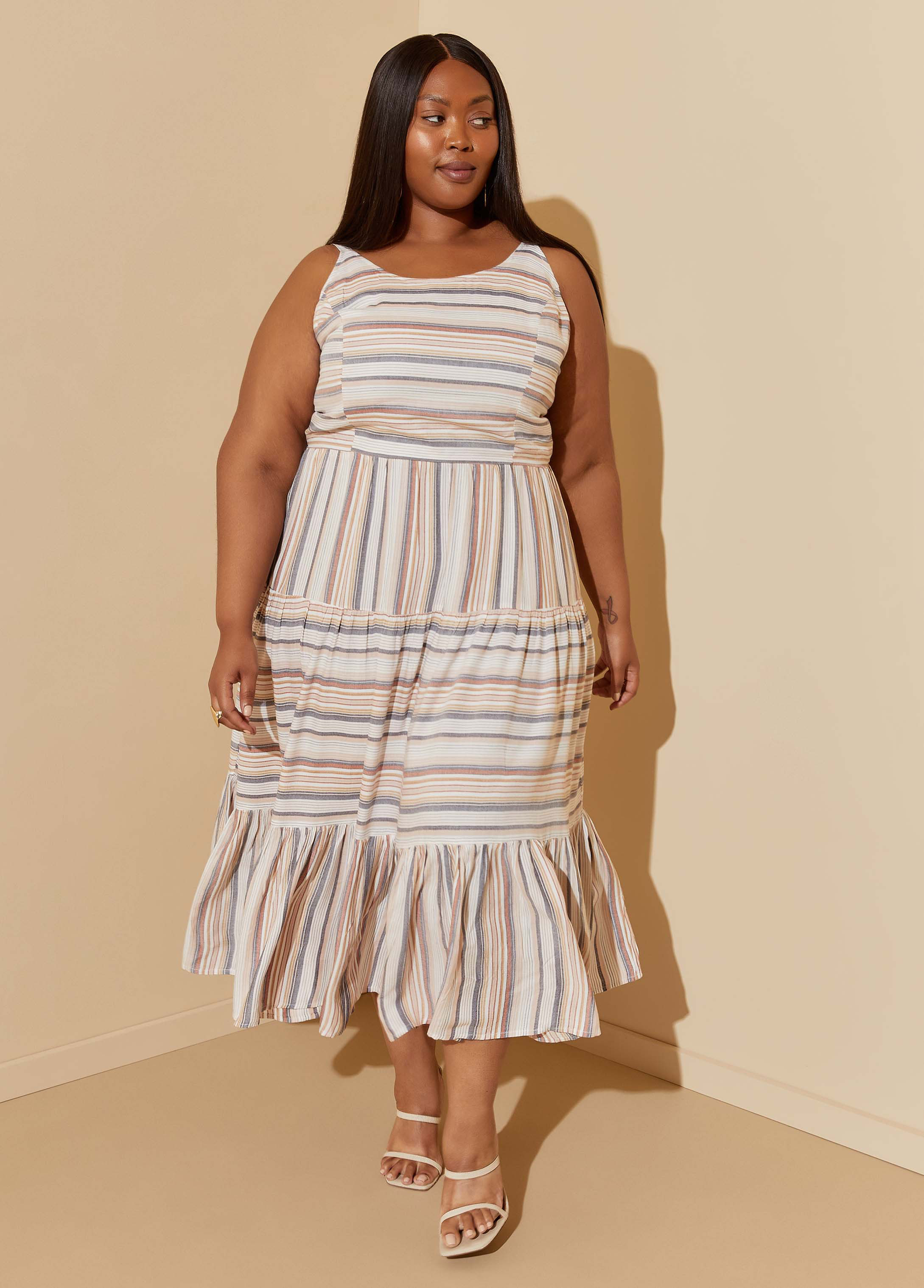 Plus Size Flounced Striped Midi Dress, MULTI, 34/36 - Ashley Stewart