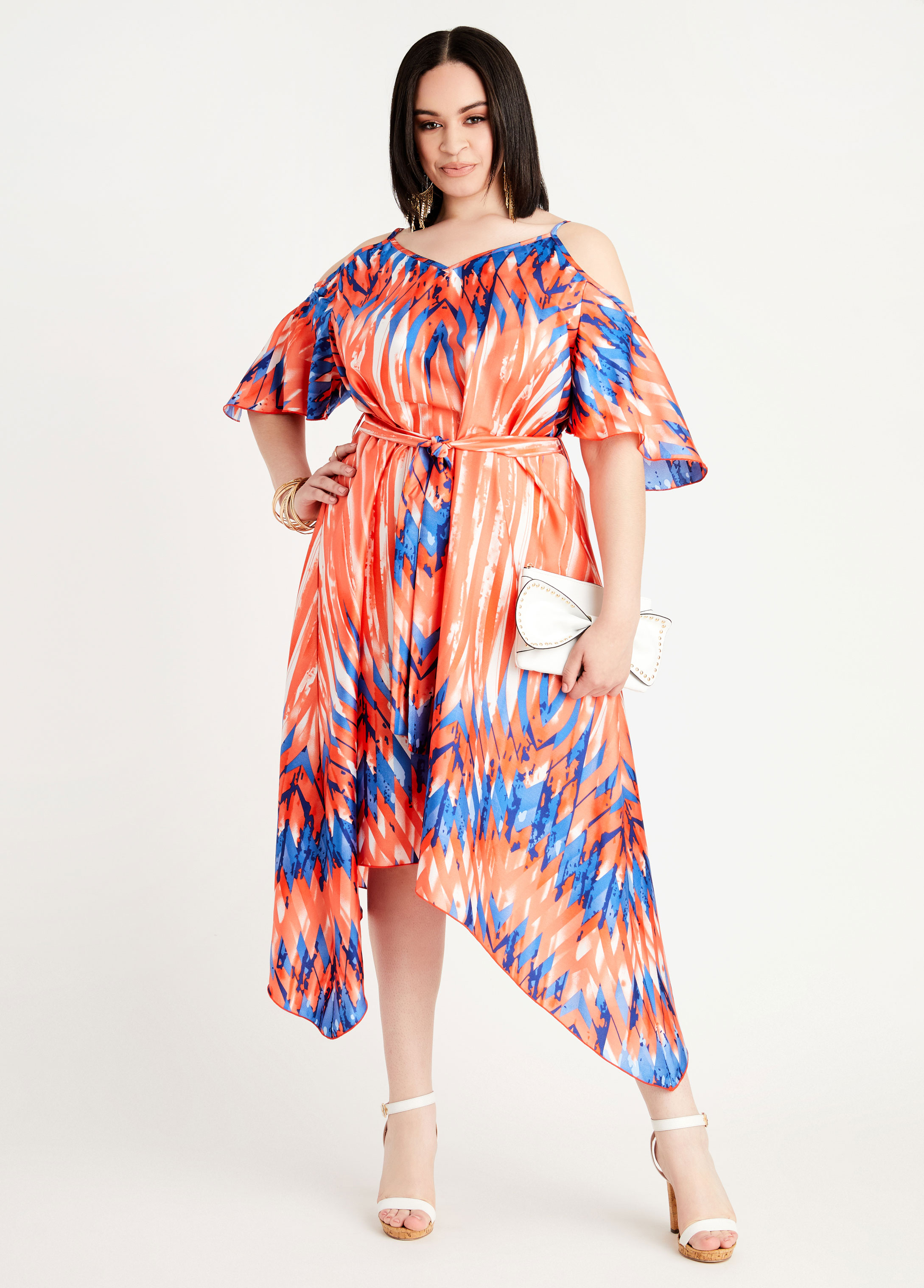 Plus Size Cold Shoulder Stripe Print Dress, , 34/36 - Ashley Stewart