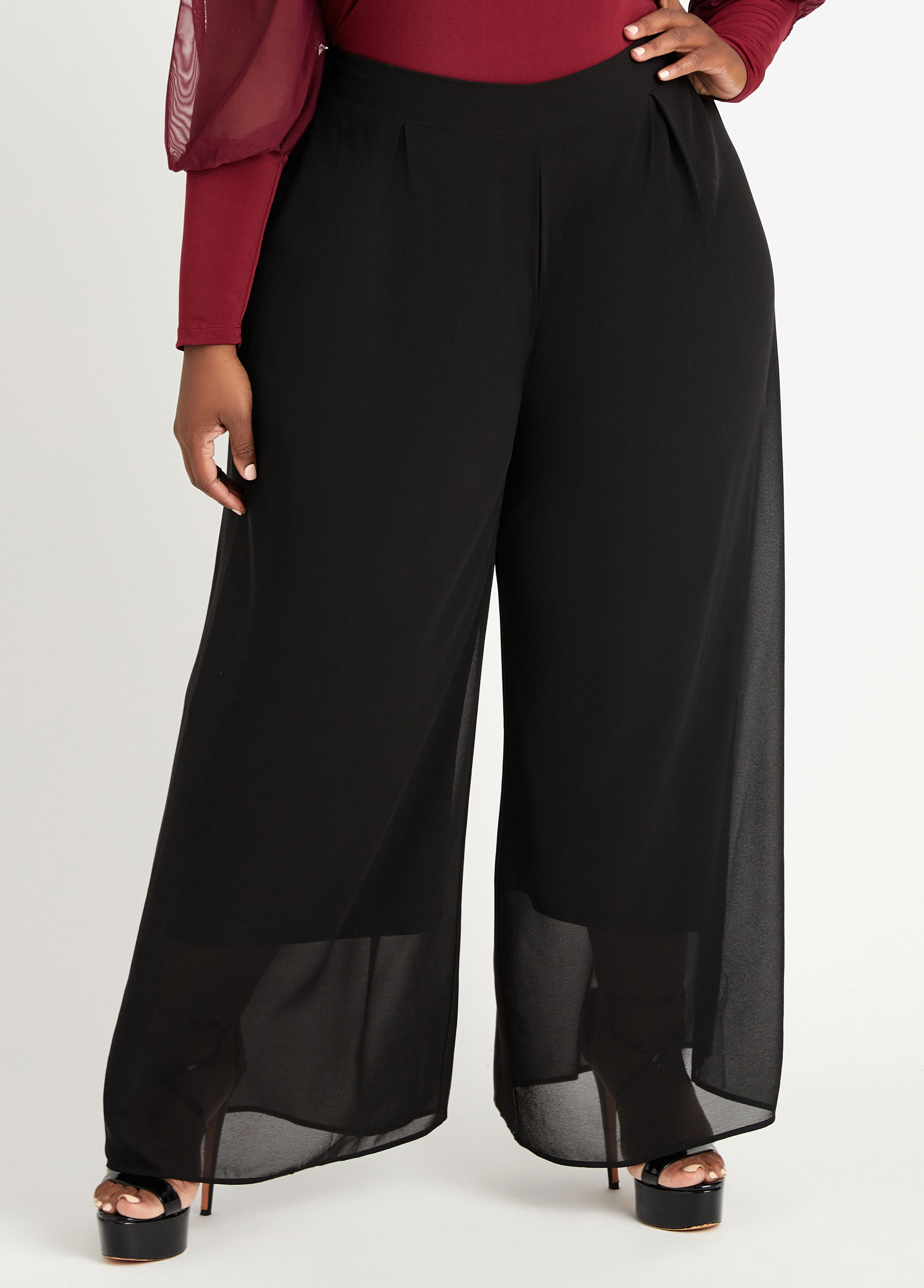 Plus Size Trousers Pull On Wide Leg High Waist Woven Stretch Pant