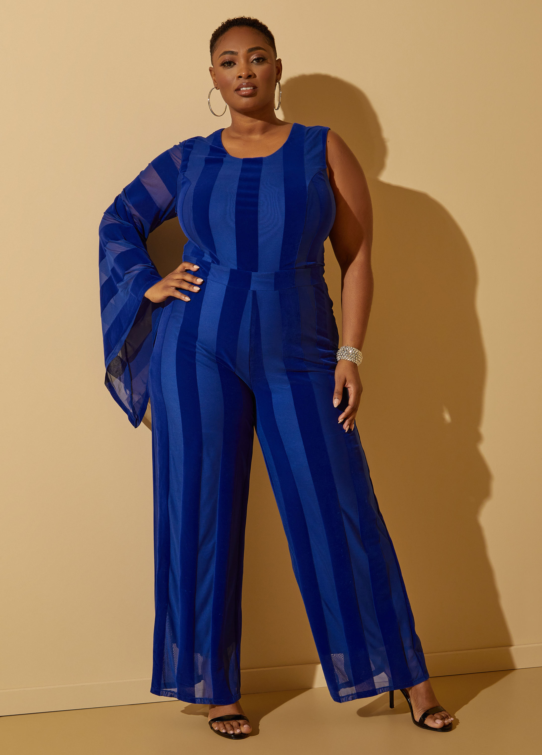 Plus Size One Shoulder Velvet Panel Jumpsuit, BLUE, 30/32 - Ashley Stewart