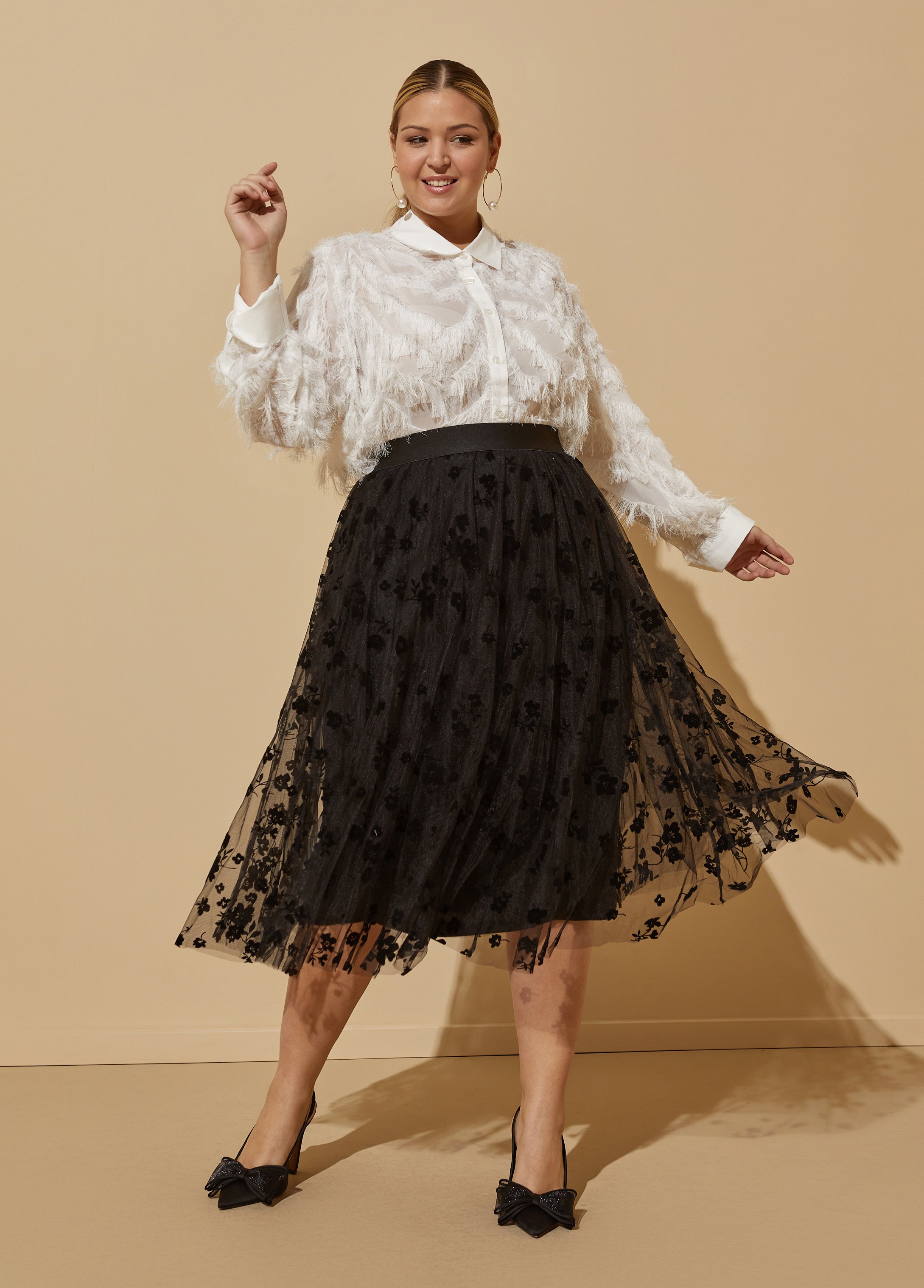 Plus Size Floral Flocked Tulle Skirt, BLACK, 18/20 - Ashley Stewart
