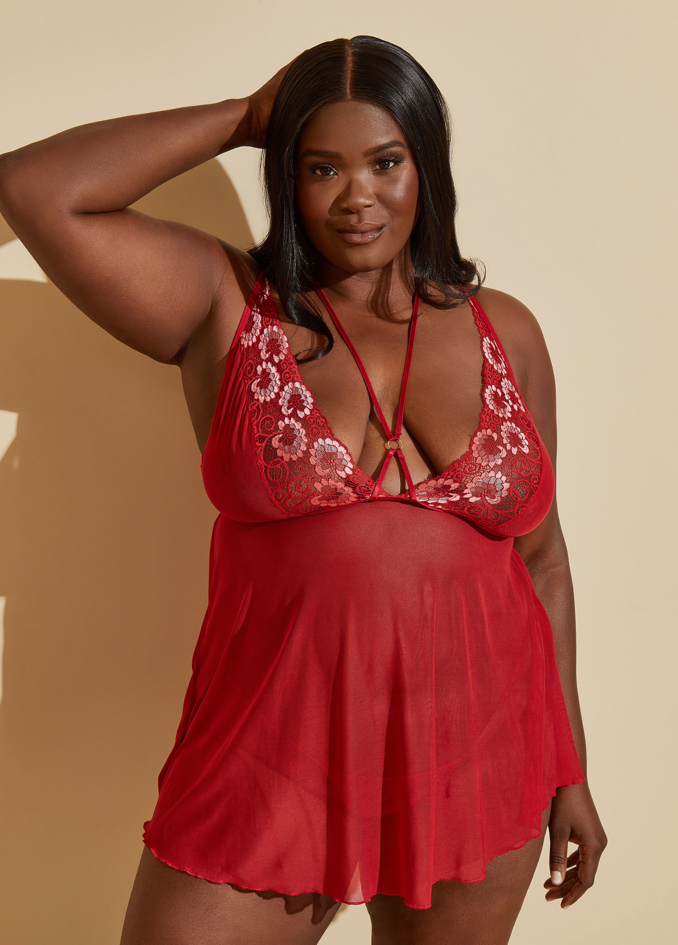 Plus Size Caged Lace And Mesh Babydoll Set, RED, 1X - Ashley Stewart