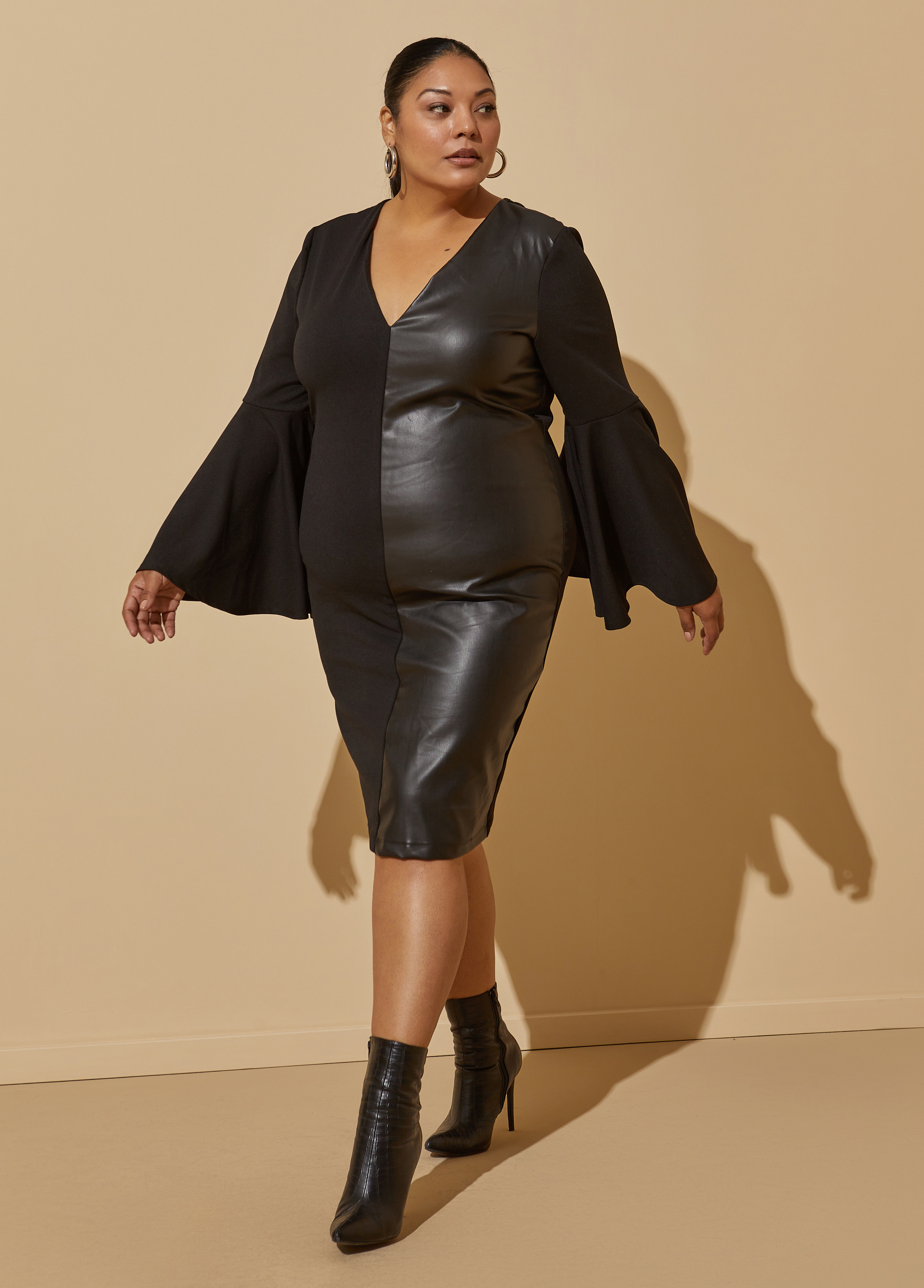 Plus Size Faux Leather Paneled Sheath Dress, BLACK, 30/32 - Ashley Stewart