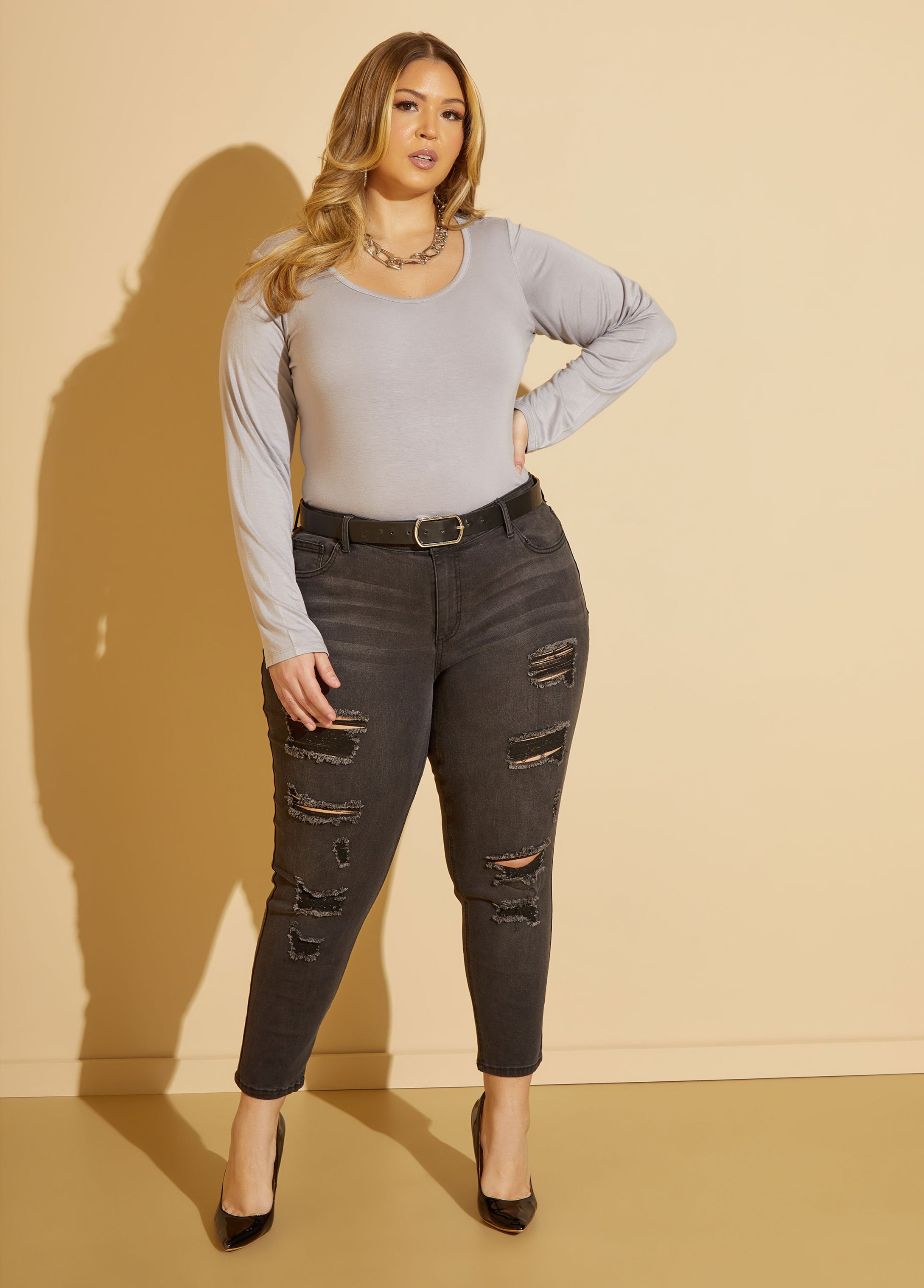 Plus Size Distressed Mid Rise Skinny Jeans, BLACK, 18 - Ashley Stewart