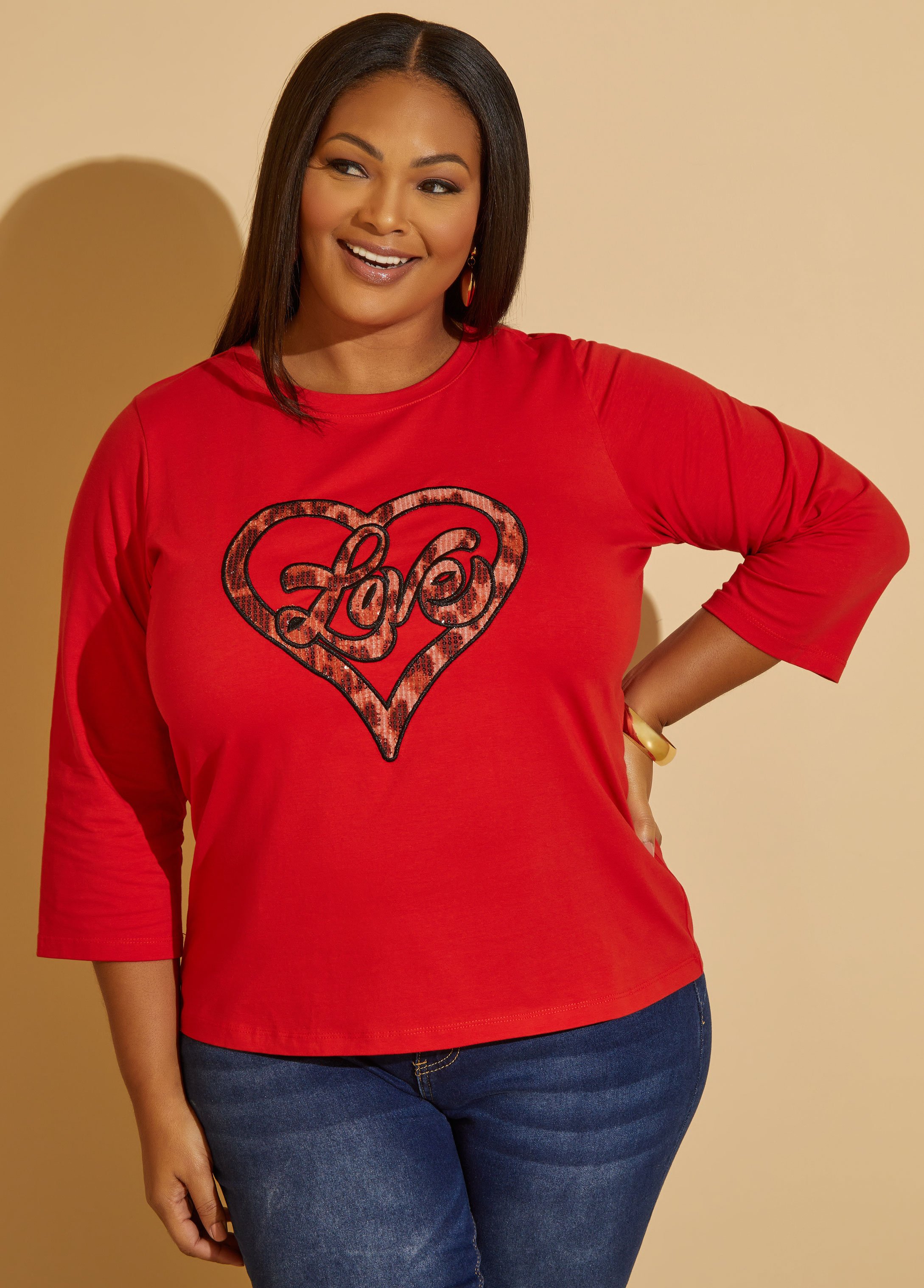Plus Size Love Embellished Long Sleeved Tee, RED, 30/32 - Ashley Stewart