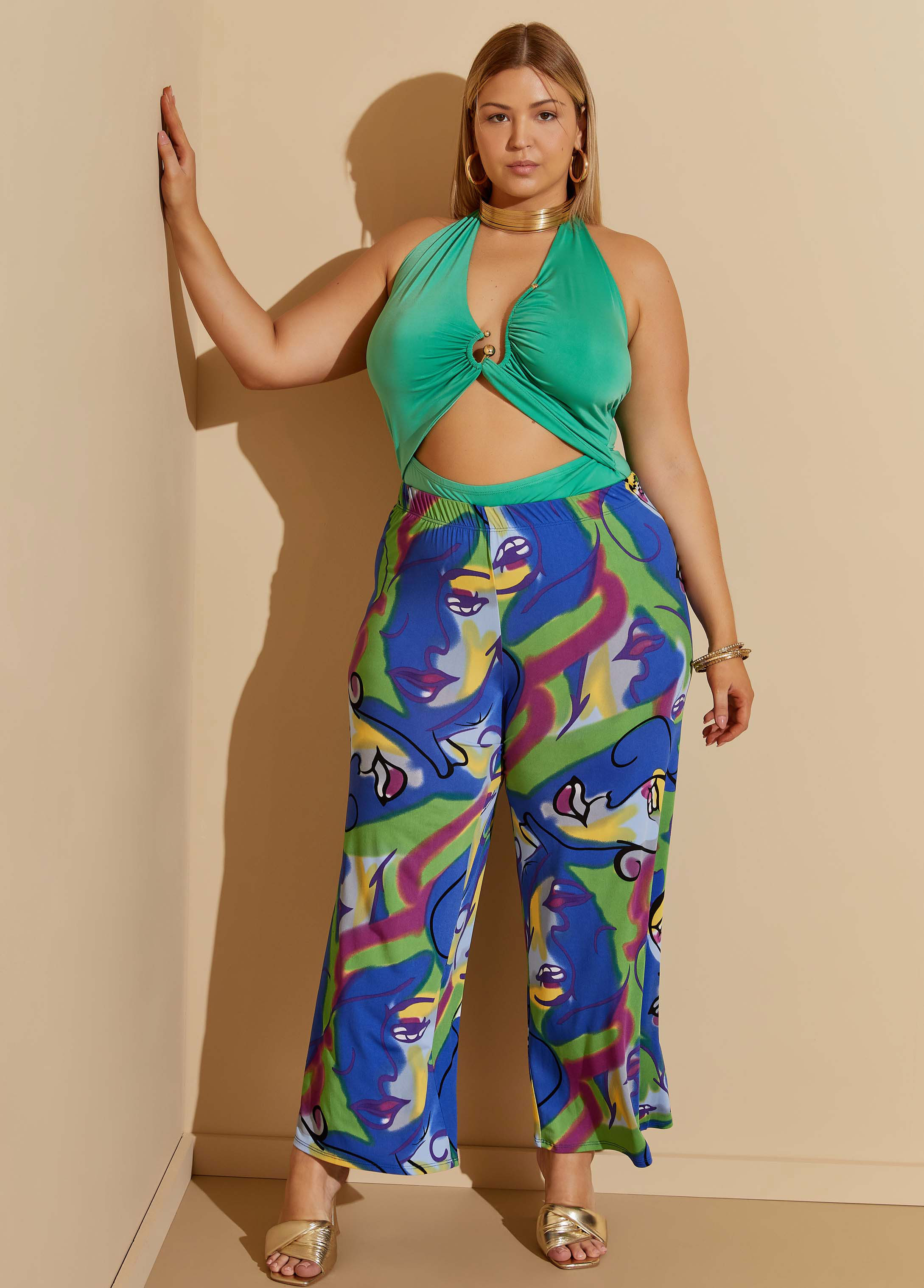 Plus Size Embellished Cutout Halter Bodysuit, GREEN, 26/28 - Ashley Stewart