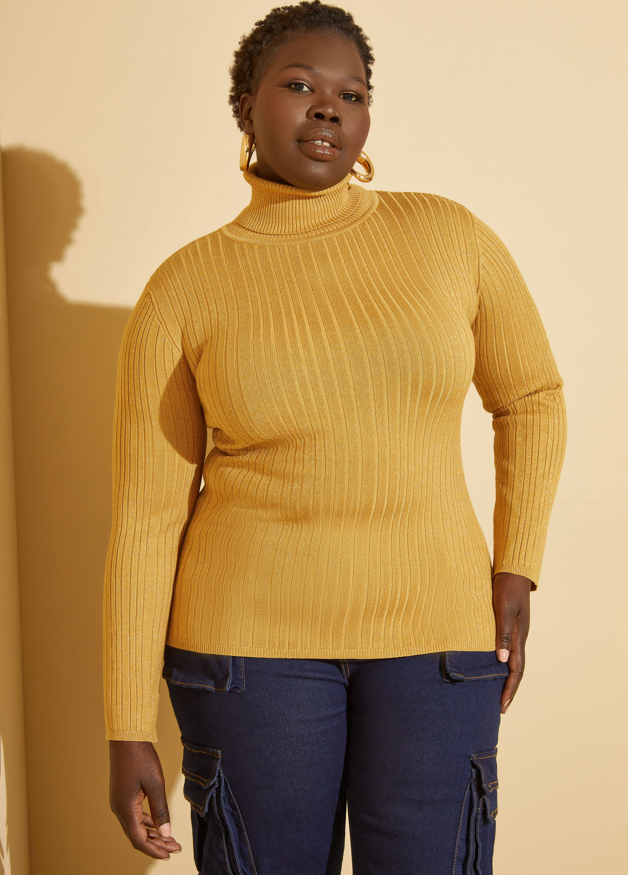 Plus Size Lurex Turtleneck Sweater, YELLOW, 10/12 - Ashley Stewart