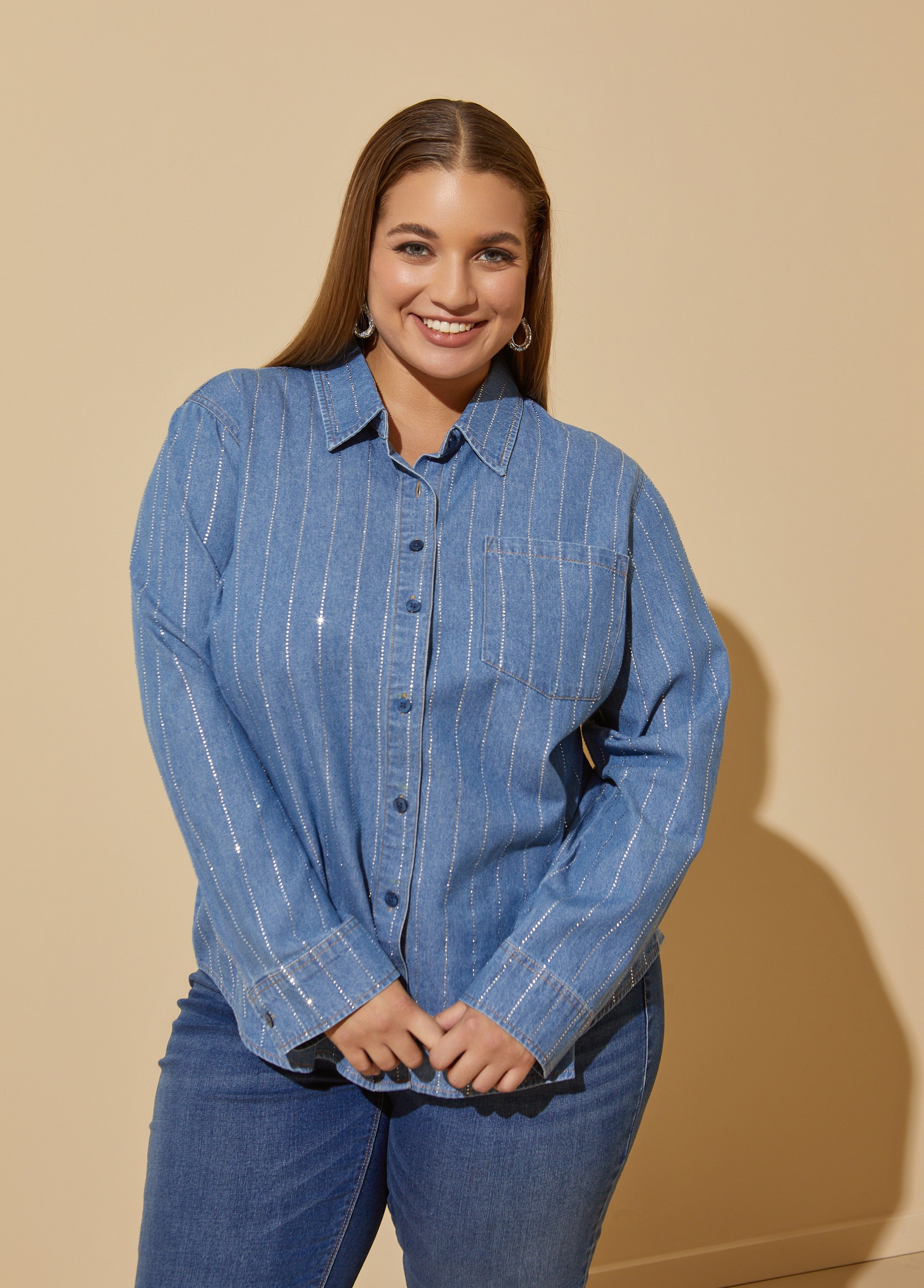 Plus Size Crystal Embellished Denim Shirt, BLUE, 14 - Ashley Stewart