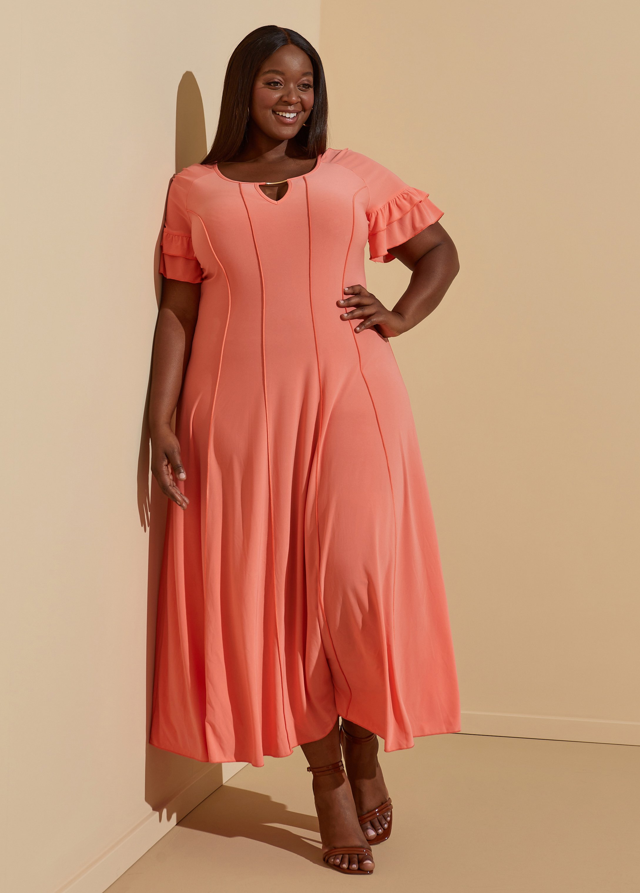 Plus Size Ruffle Sleeved Seamed Maxi Dress, , 10 - Ashley Stewart