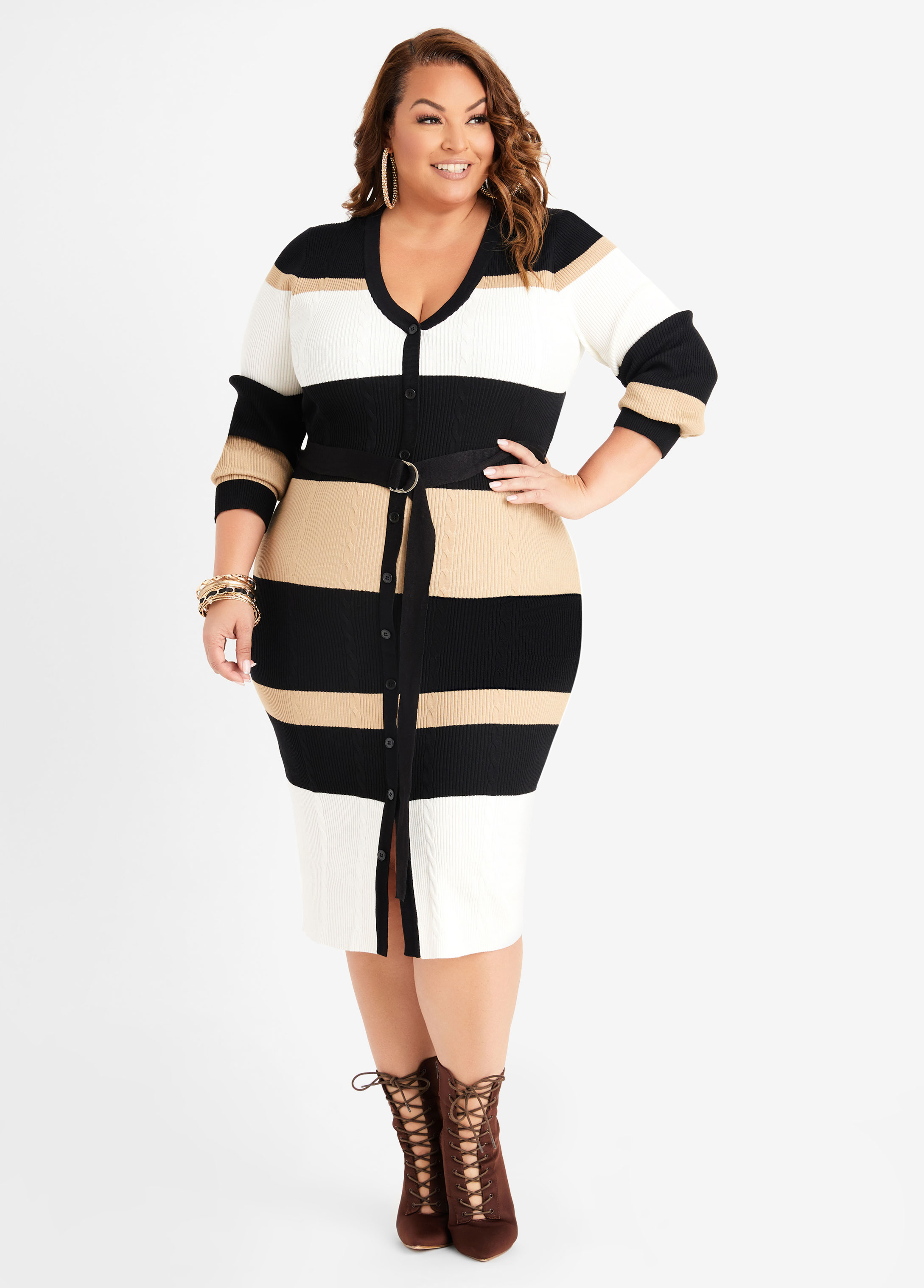 Plus Size Striped Cable Knit Sweater Dress, BLACK, 14/16 - Ashley Stewart