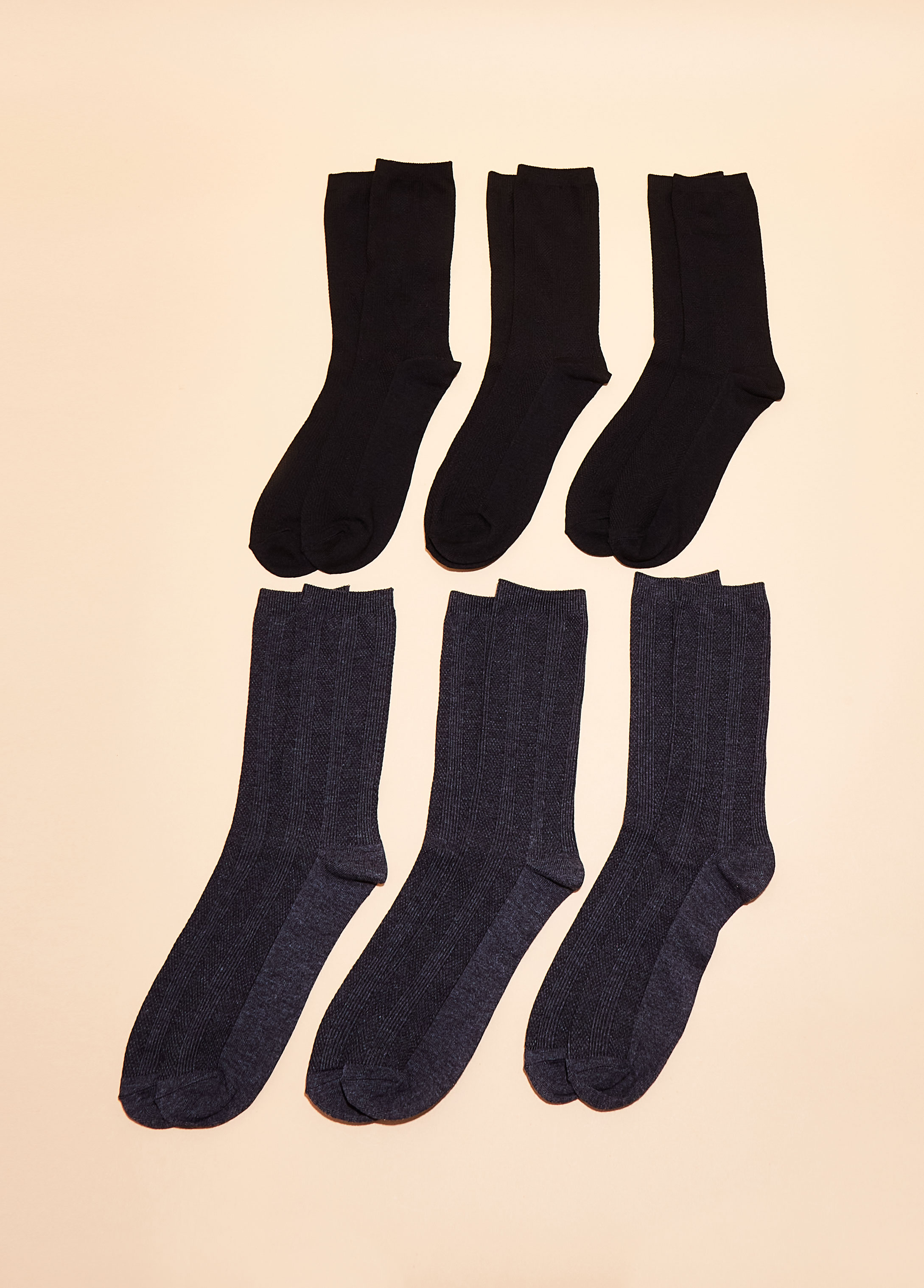 Plus Size 6PK Textured Crew Socks, BLACK, 1SZ - Ashley Stewart