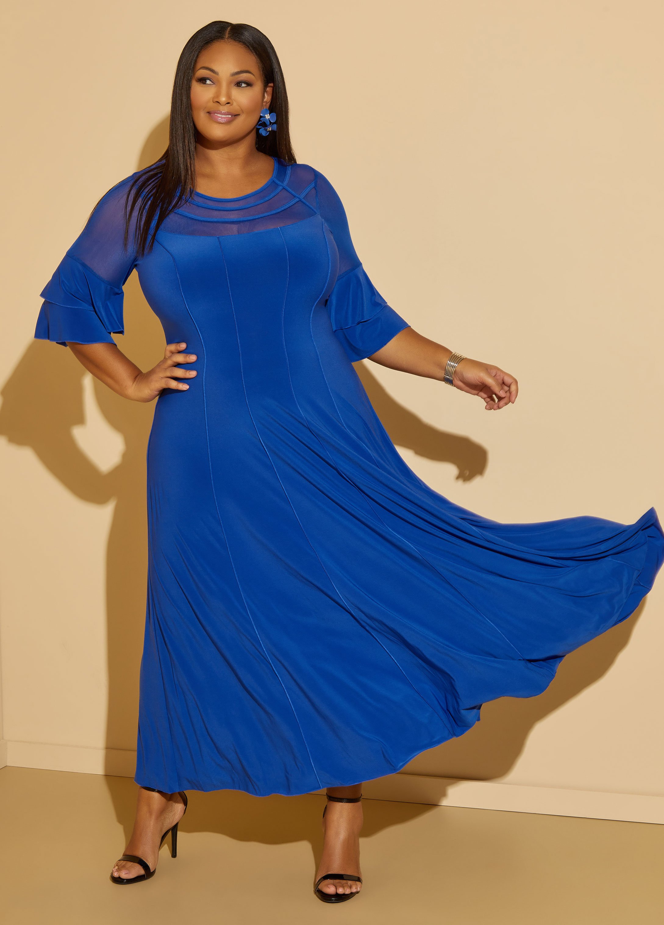 Plus Size Mesh Paneled Maxi Dress, BLUE, 10 - Ashley Stewart